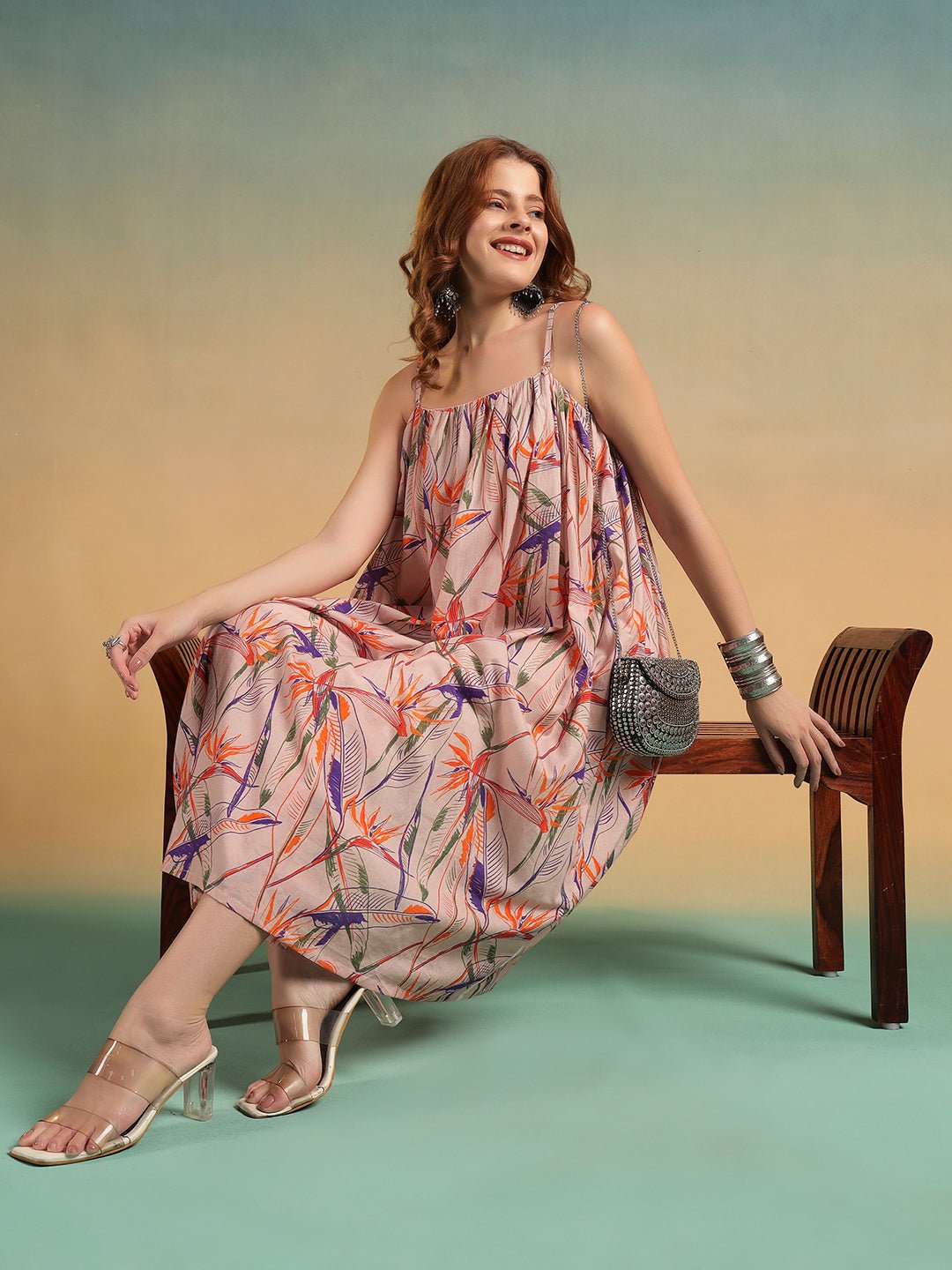 Peach Floral Printed A - Line Kurta Set with Spaghetti Straps - Mahukaa