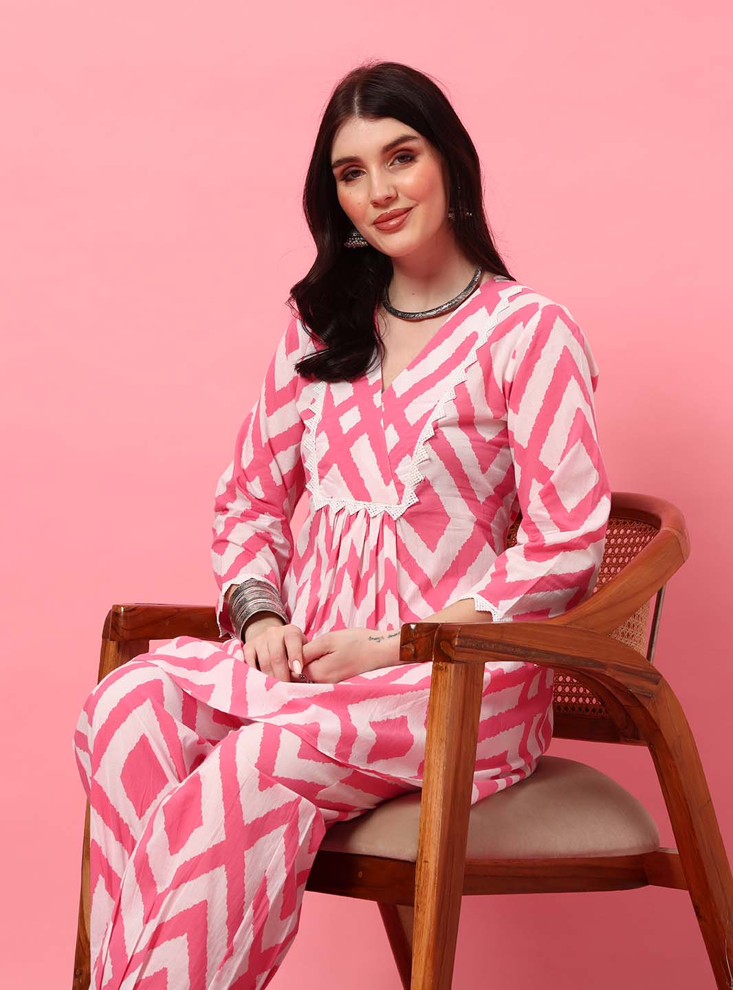 Pink Abstract A - Line Co - ord Set with V - Neck - Mahukaa