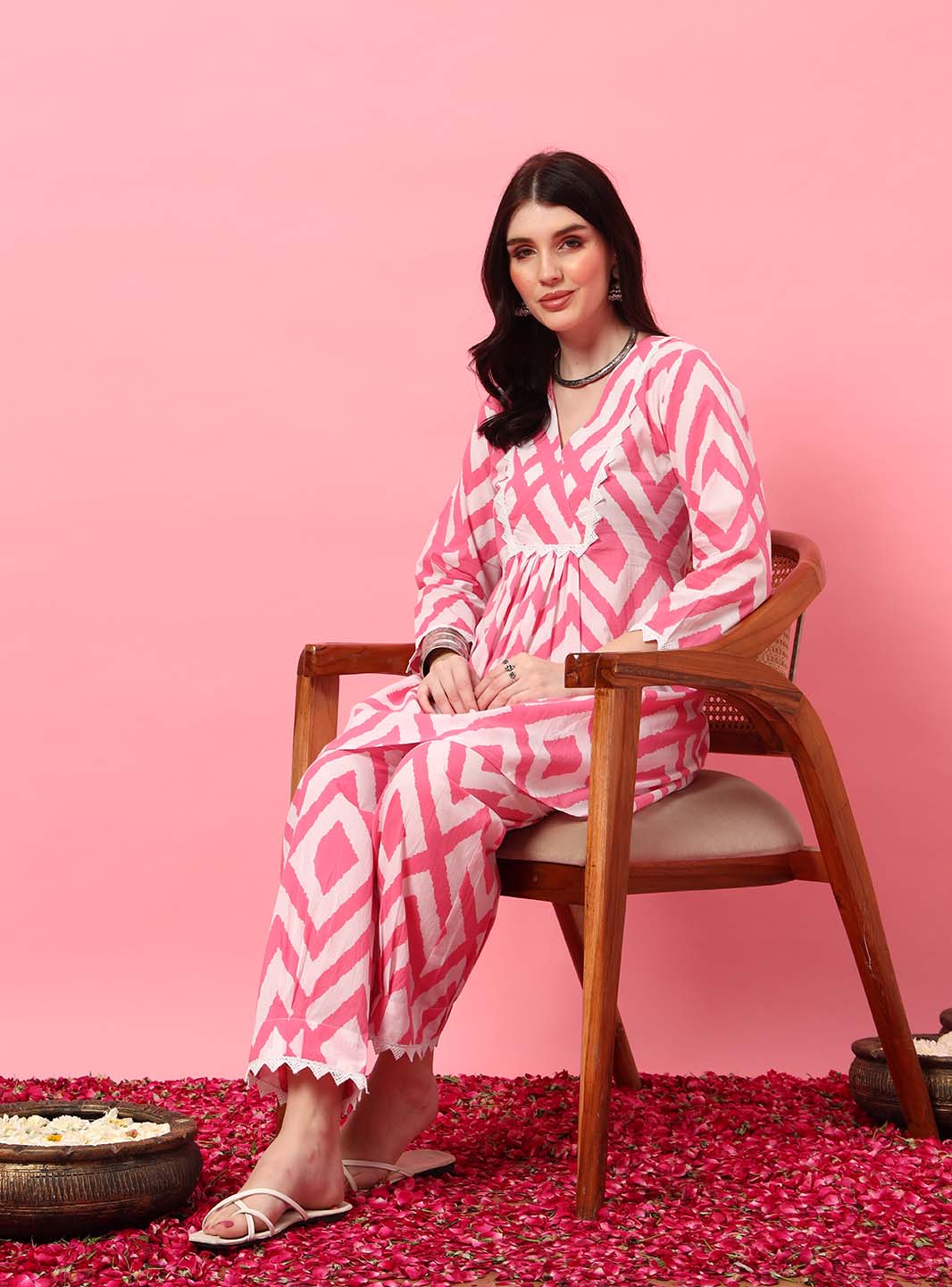Pink Abstract A - Line Co - ord Set with V - Neck - Mahukaa