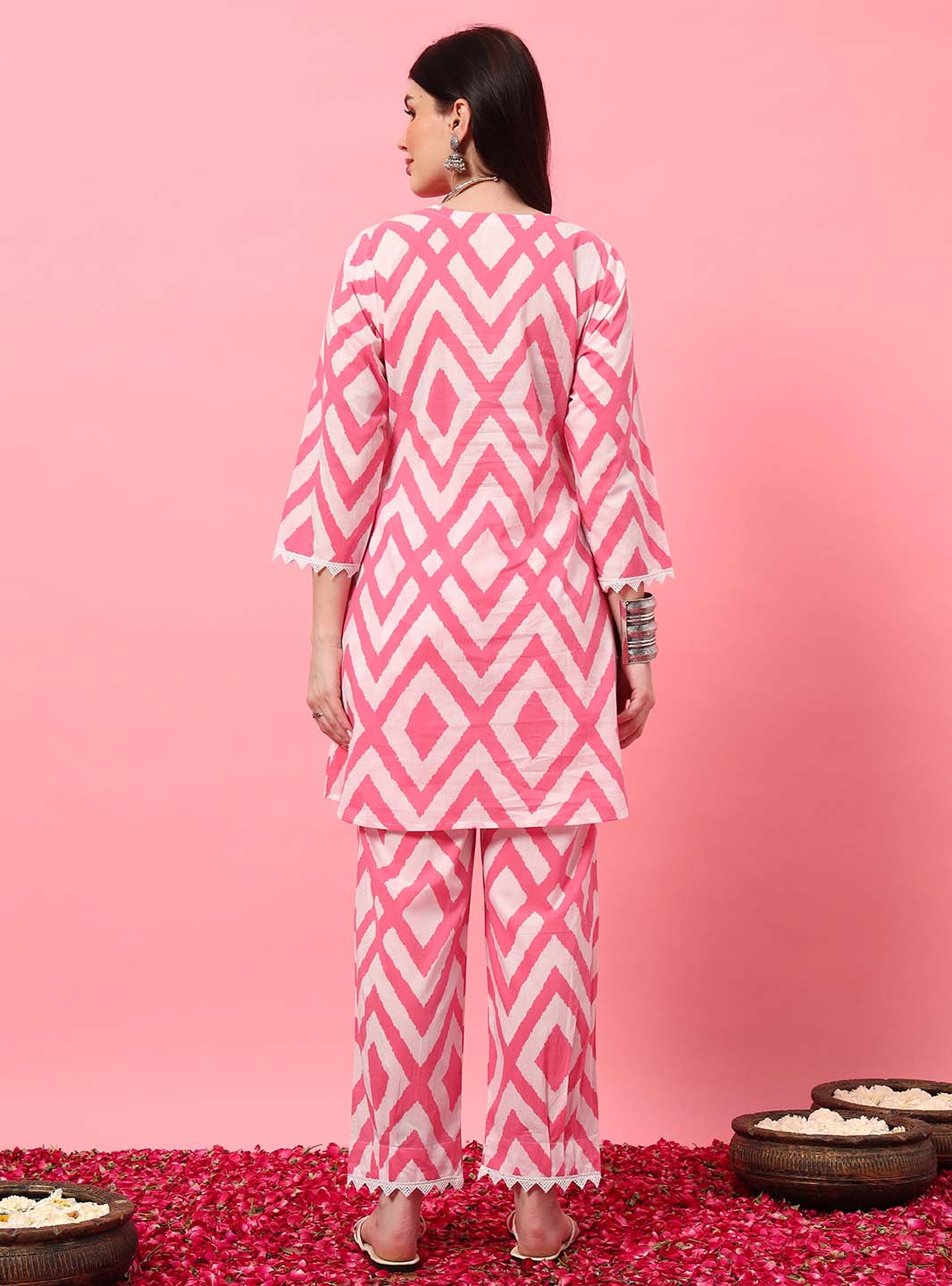 Pink Abstract A - Line Co - ord Set with V - Neck - Mahukaa