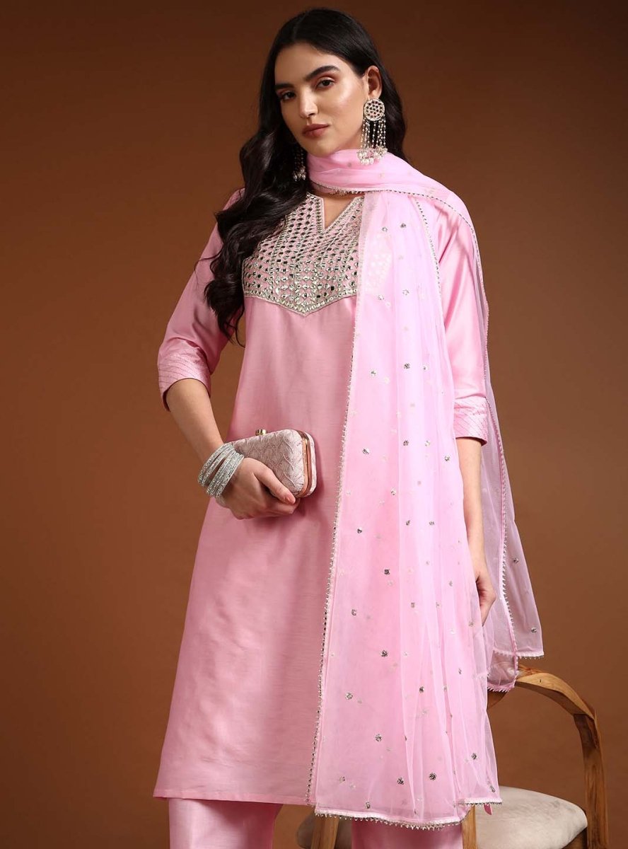 Pink Chanderi Straight Kurta Set with Mirror Work & Net Dupatta - Mahukaa
