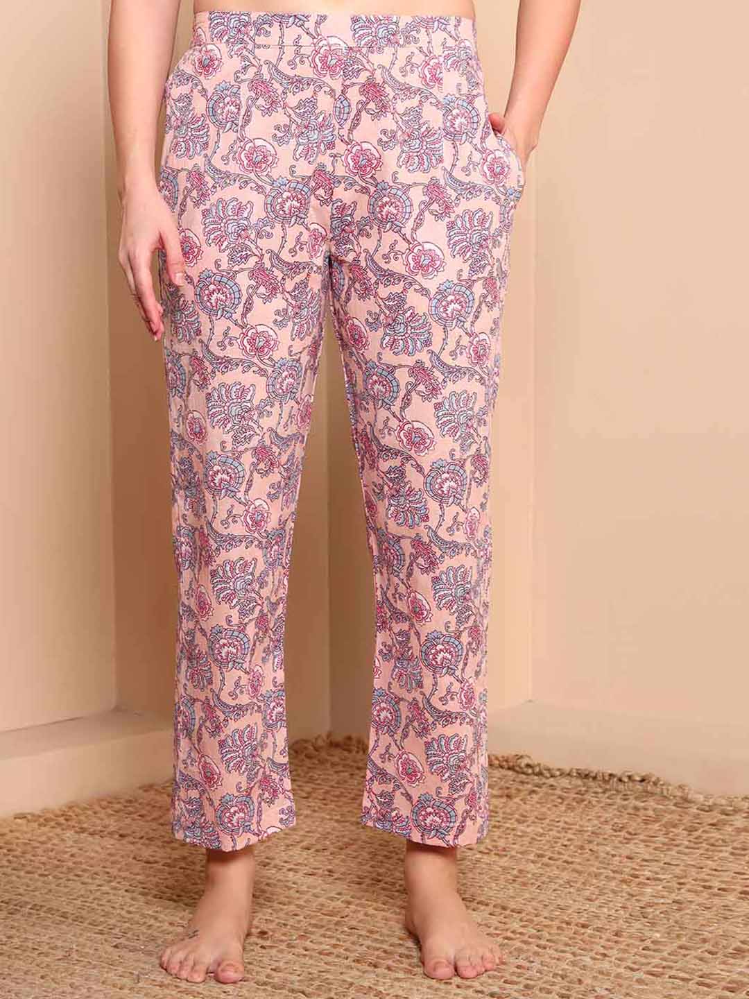 Pink Floral Cotton Night Suit with Round Slit Neckline - Mahukaa