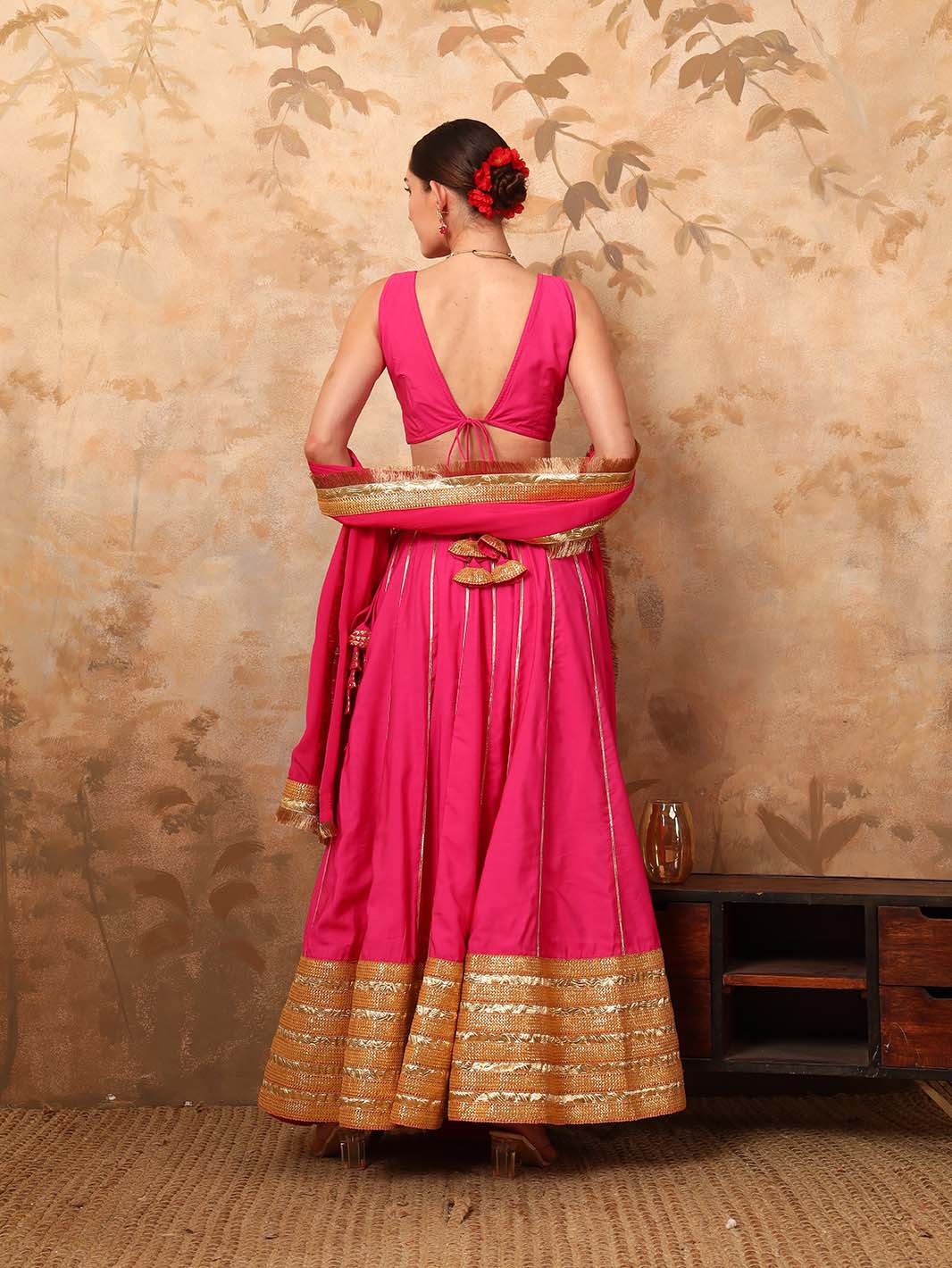 Pink Silk Blouse And Lehenga Set With Zari Embroidery - Mahukaa