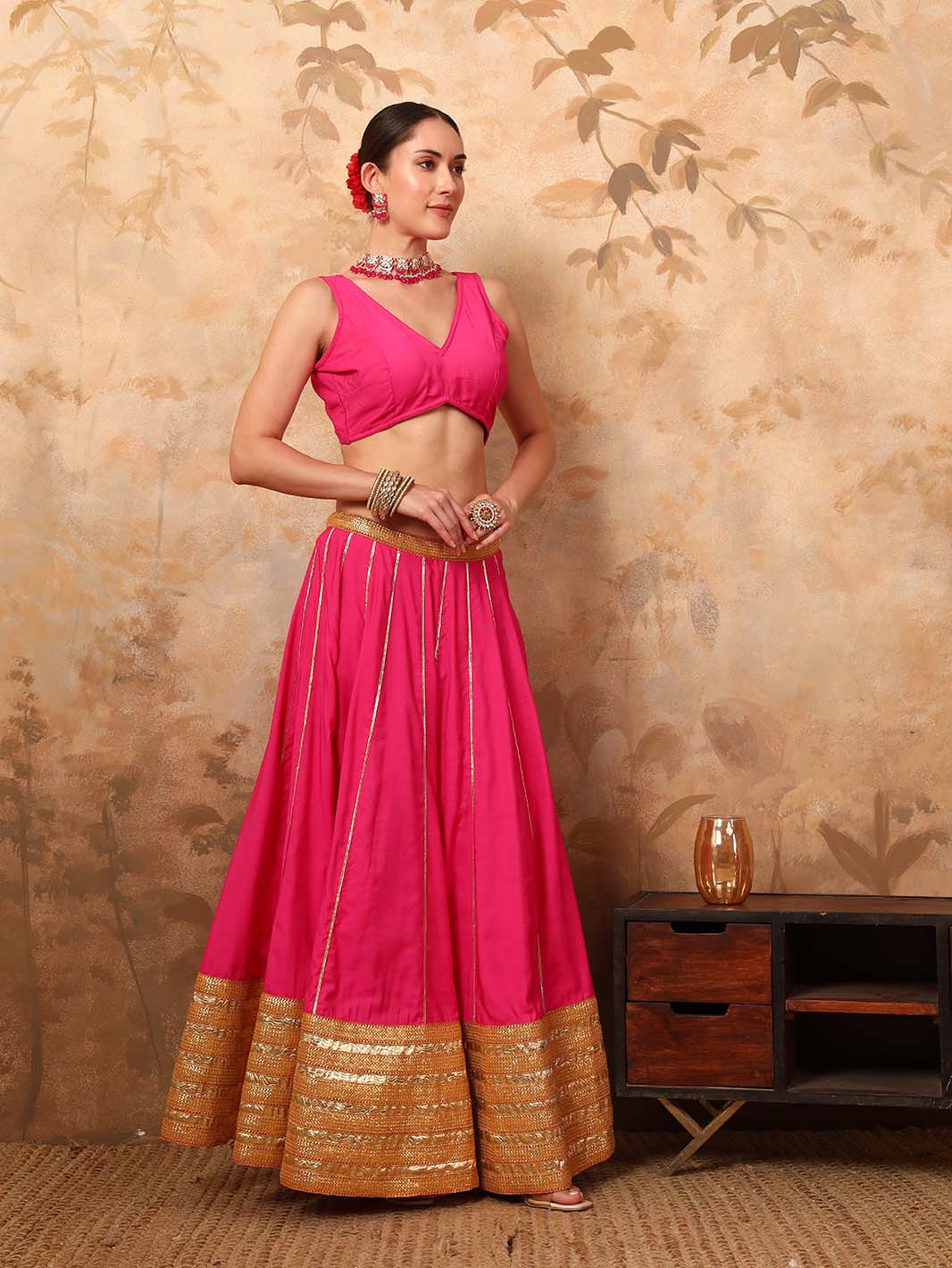 Pink Silk Blouse And Lehenga Set With Zari Embroidery - Mahukaa