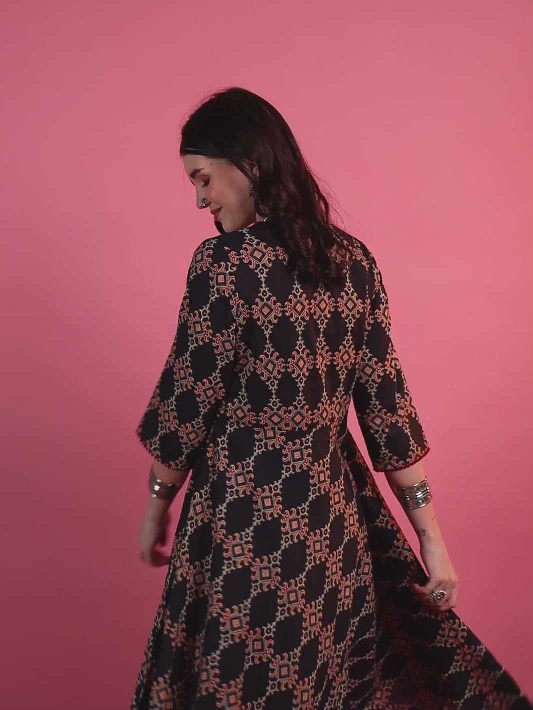 Black Ajrak Printed Anarkali Set with V-Neck