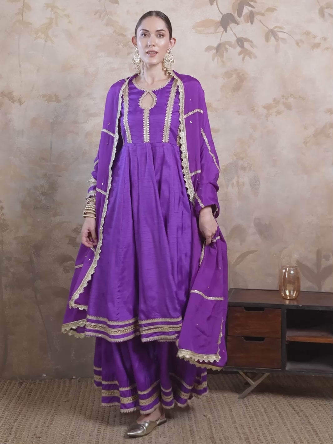 Regal Purple Georgette Anarkali Sharara Set with Sequin Lace and Chinon Dupatta