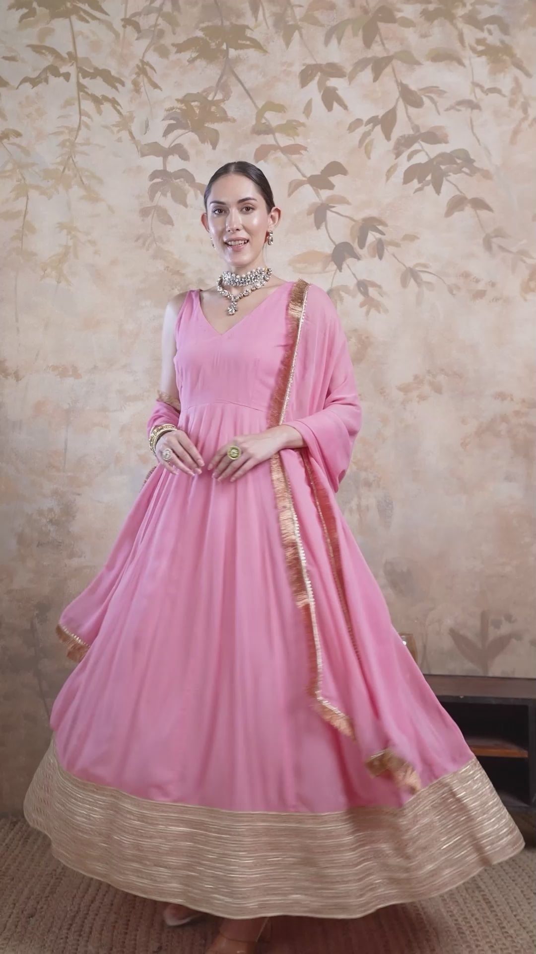Blush Pink Strap Georgette Anarkali Set with Fringed Dupatta