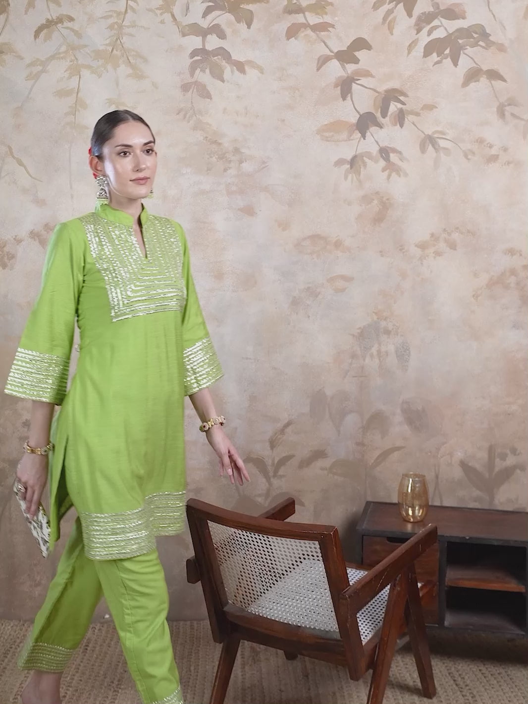 Studio-shot video of lime green cotton kurta pant set with shimmering gota detailing – Mahukaa women's ethnic wear video