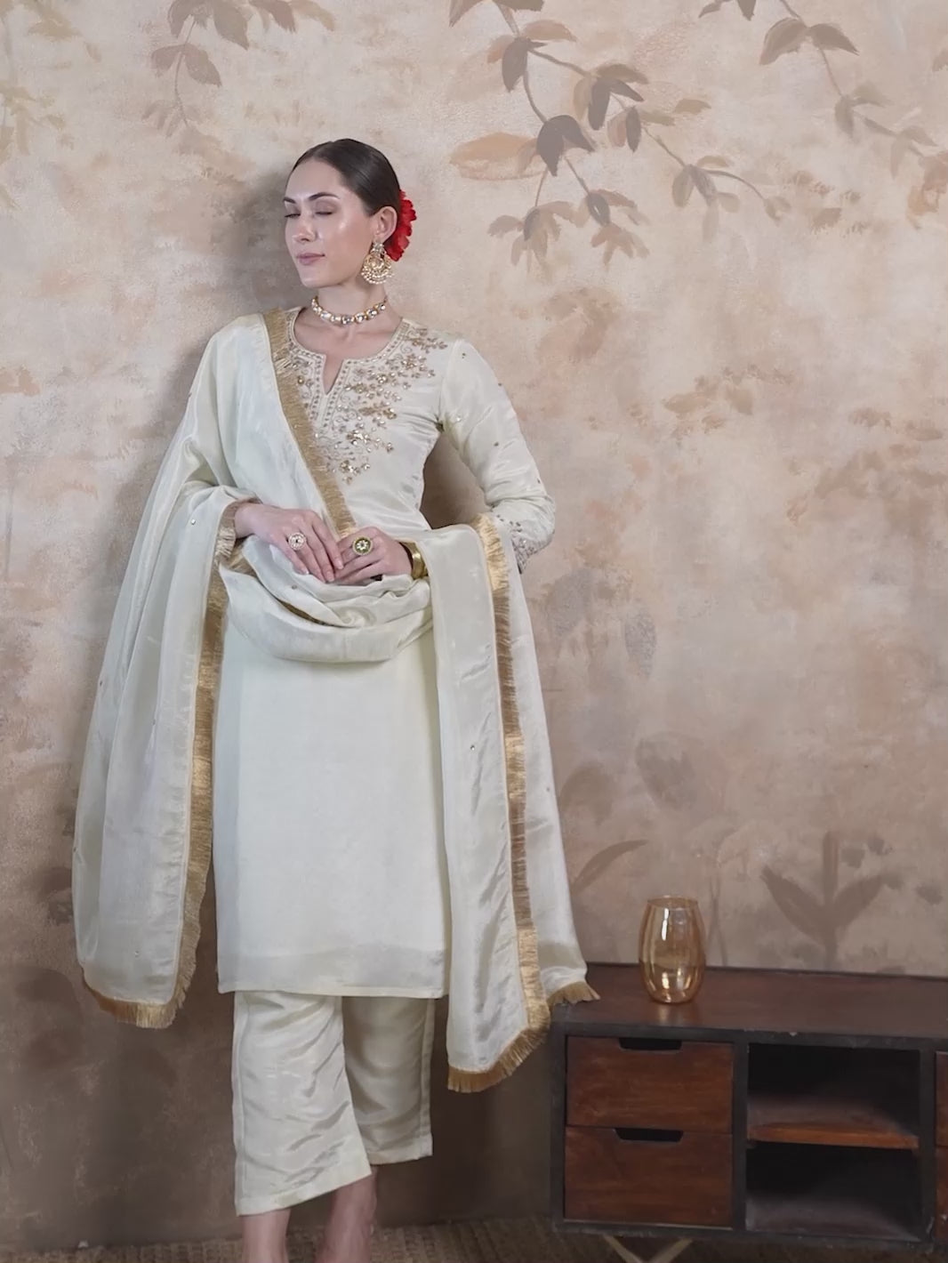 Off-White Round Neck Ari Work Hand Embroidery Tissue Silk Kurta Set