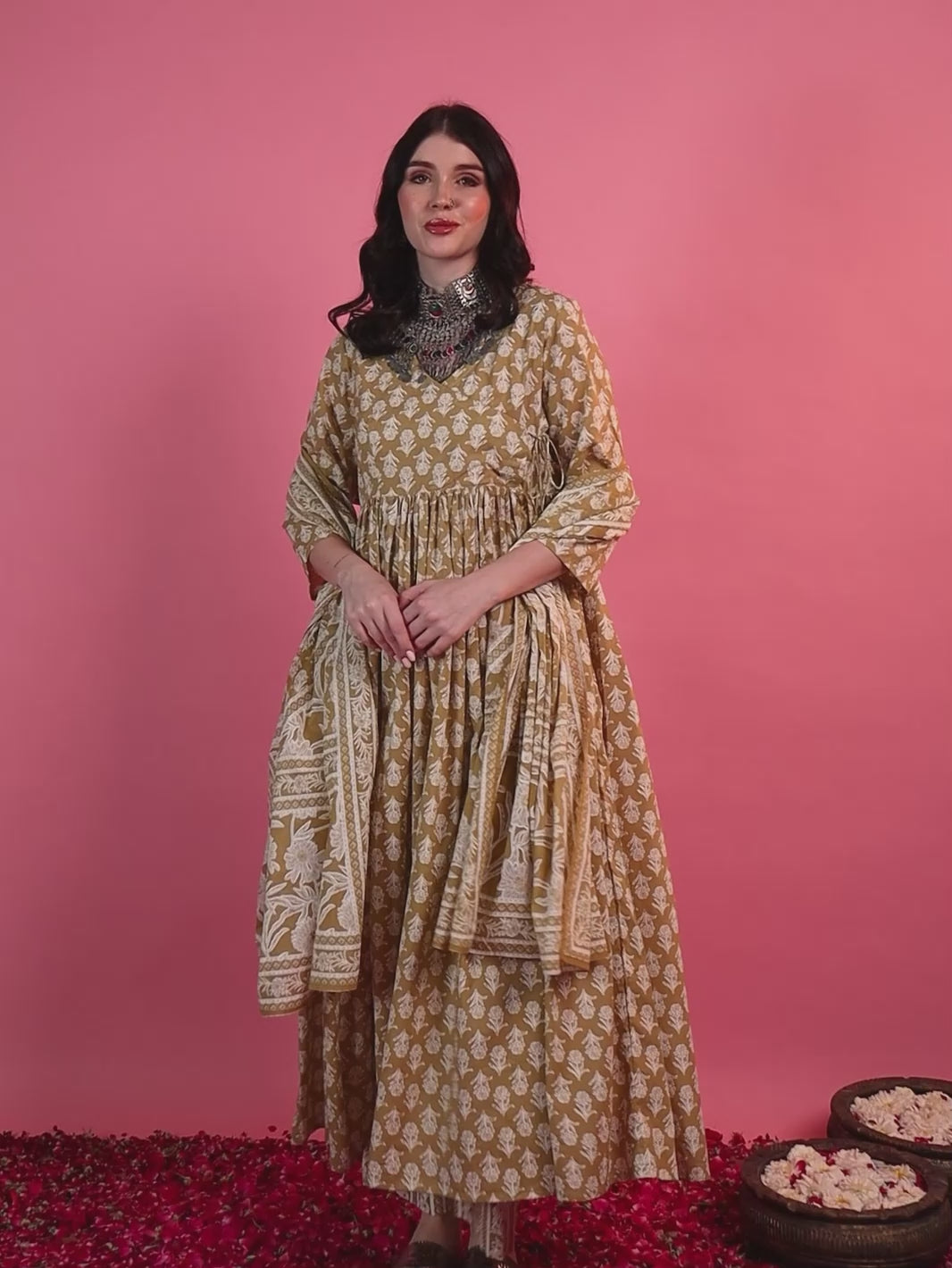 Beige Floral Angrakha Kurta Set with Round V-Neck