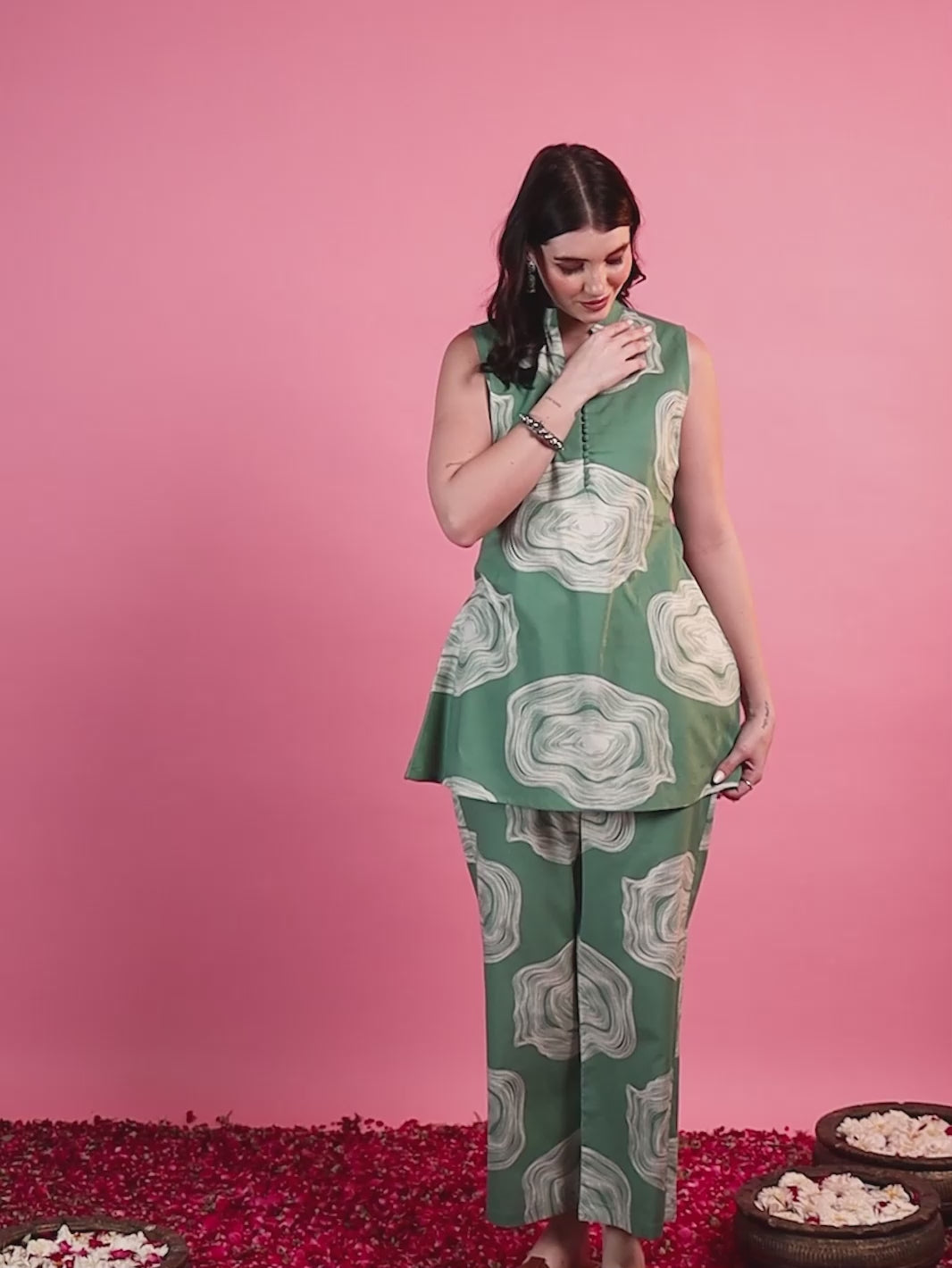 Mint Green Abstract Printed A-Line Co-ord Set with Mandarin Collar