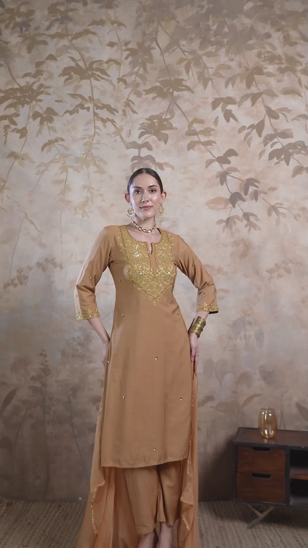 Beige Erode Silk Kurta Set with Sequin Work Chiffon Dupatta