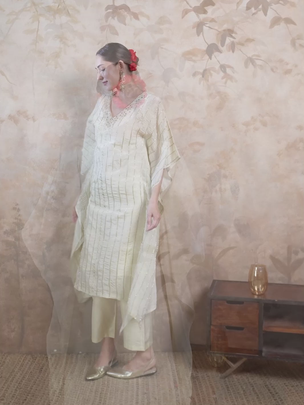 Off-White Hand Embroidered Mirror V-Neck Kaftan Set with Chanderi Pants