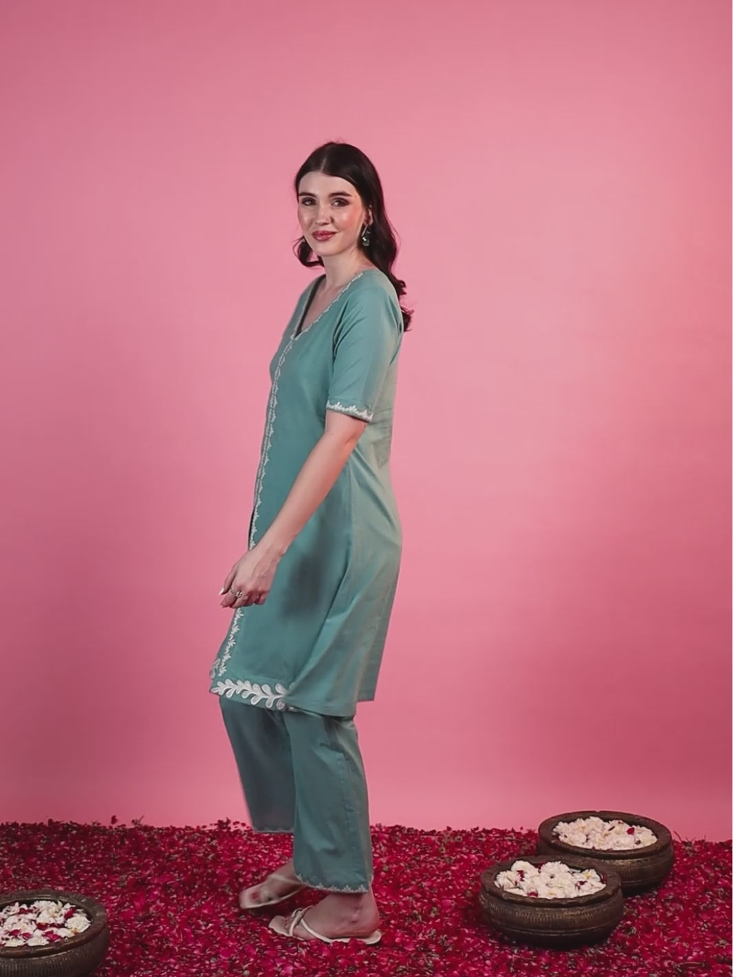 Mint Green Embroidered A-Line Co-ord Set with Round V-Neck Square