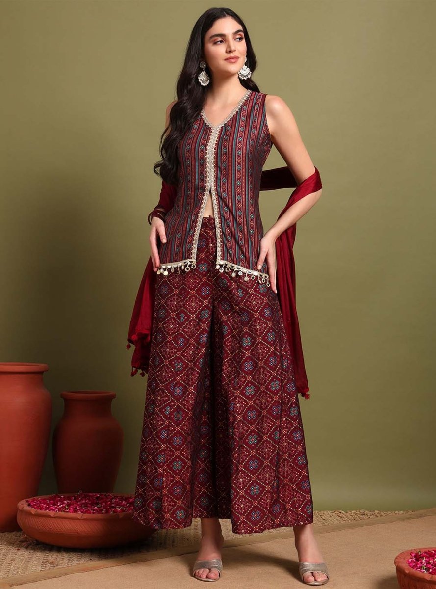 Printed Maroon V - Neckline Kurta Set With Lace Detaling & Dupatta - Mahukaa