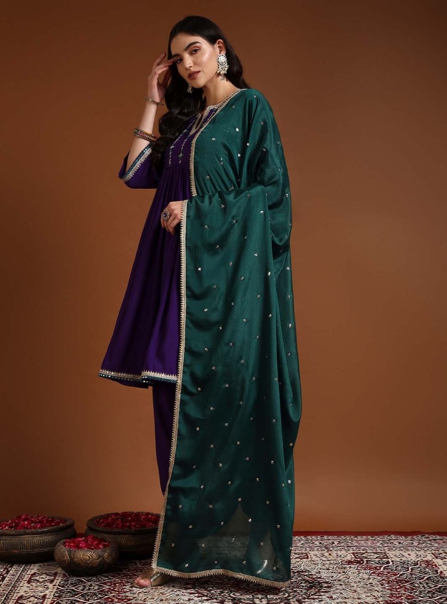 Purple Round V - neckline Anarkali Set with Yoke Embroidery & Dupatta - Mahukaa