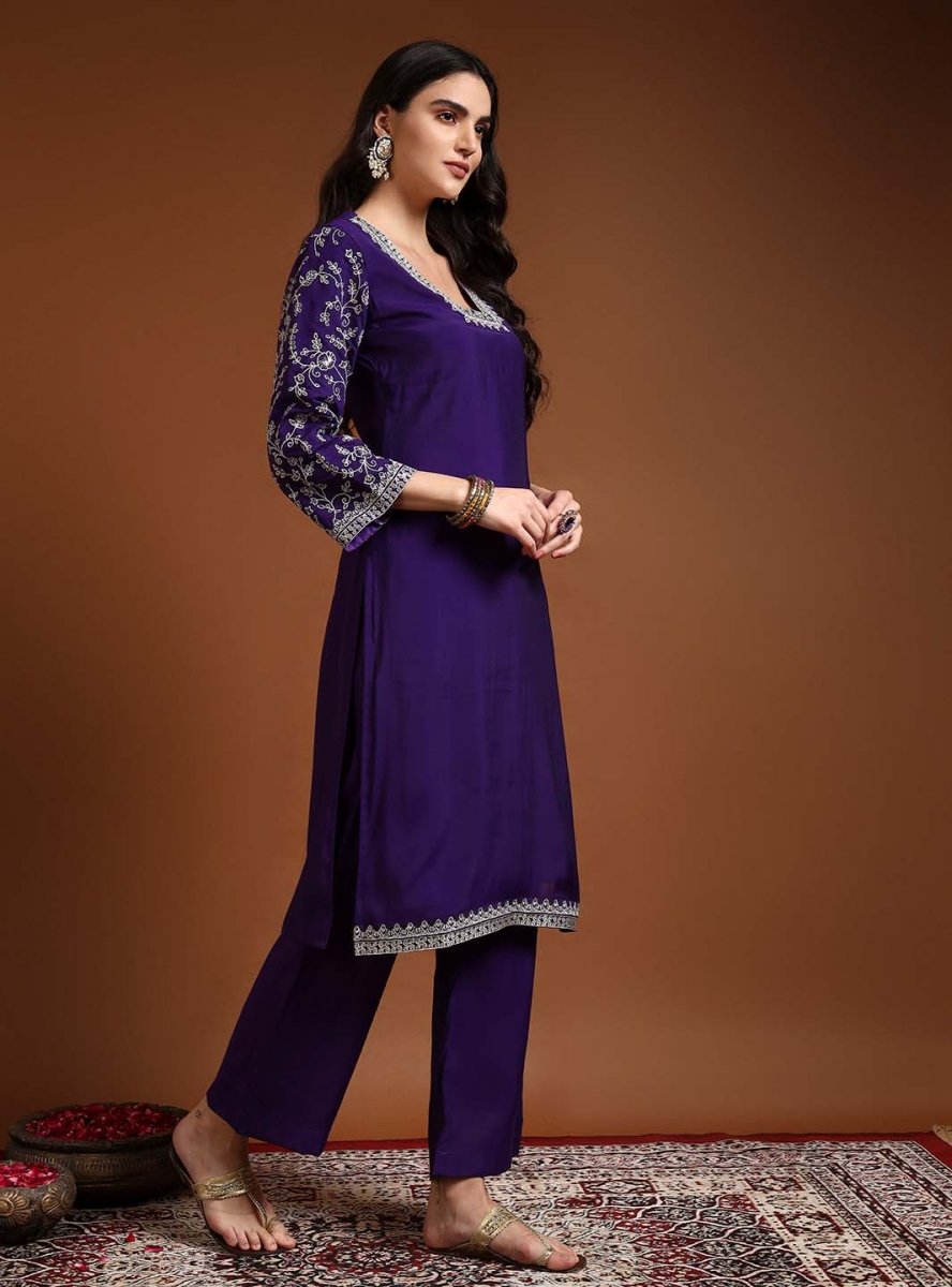 Purple Square V - Neck Zari Embroidered Kurta Set with Dupatta - Mahukaa