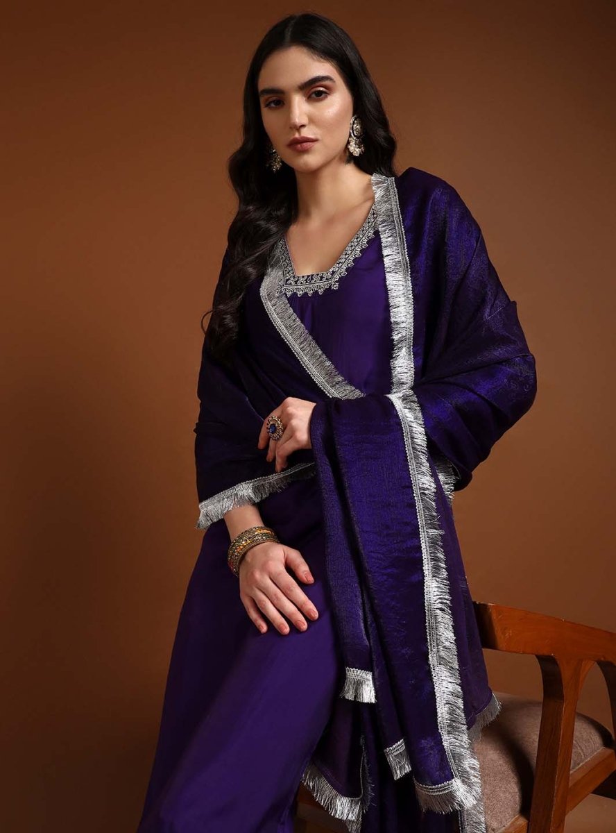 Purple Square V - Neck Zari Embroidered Kurta Set with Dupatta - Mahukaa
