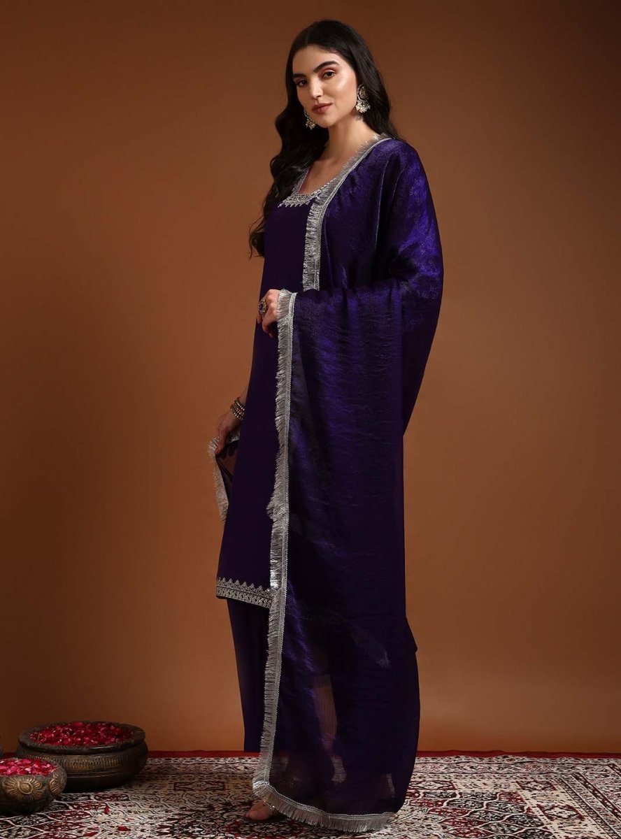 Purple Square V - Neck Zari Embroidered Kurta Set with Dupatta - Mahukaa