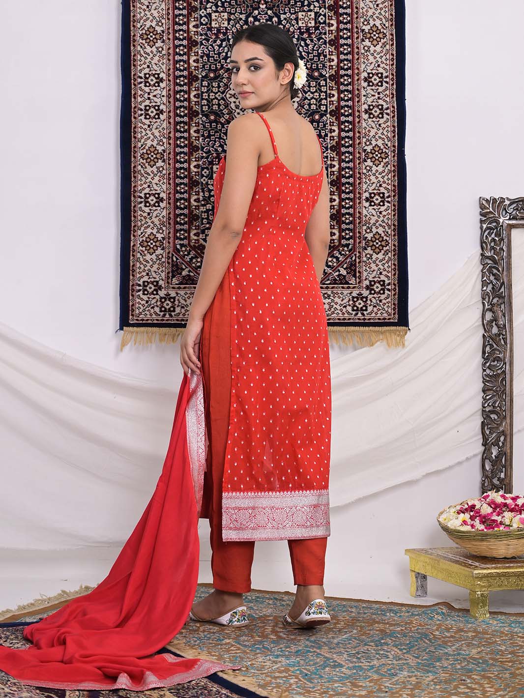 Red Banarasi Silk Straight Kurti and Pant with Chanderi Dupatta - Mahukaa