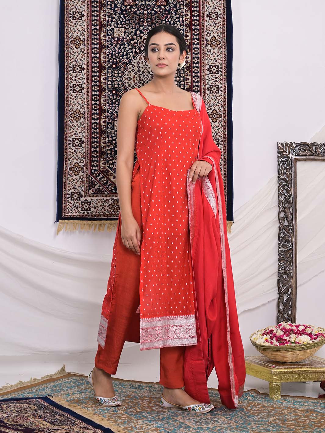 Red Banarasi Silk Straight Kurti and Pant with Chanderi Dupatta - Mahukaa