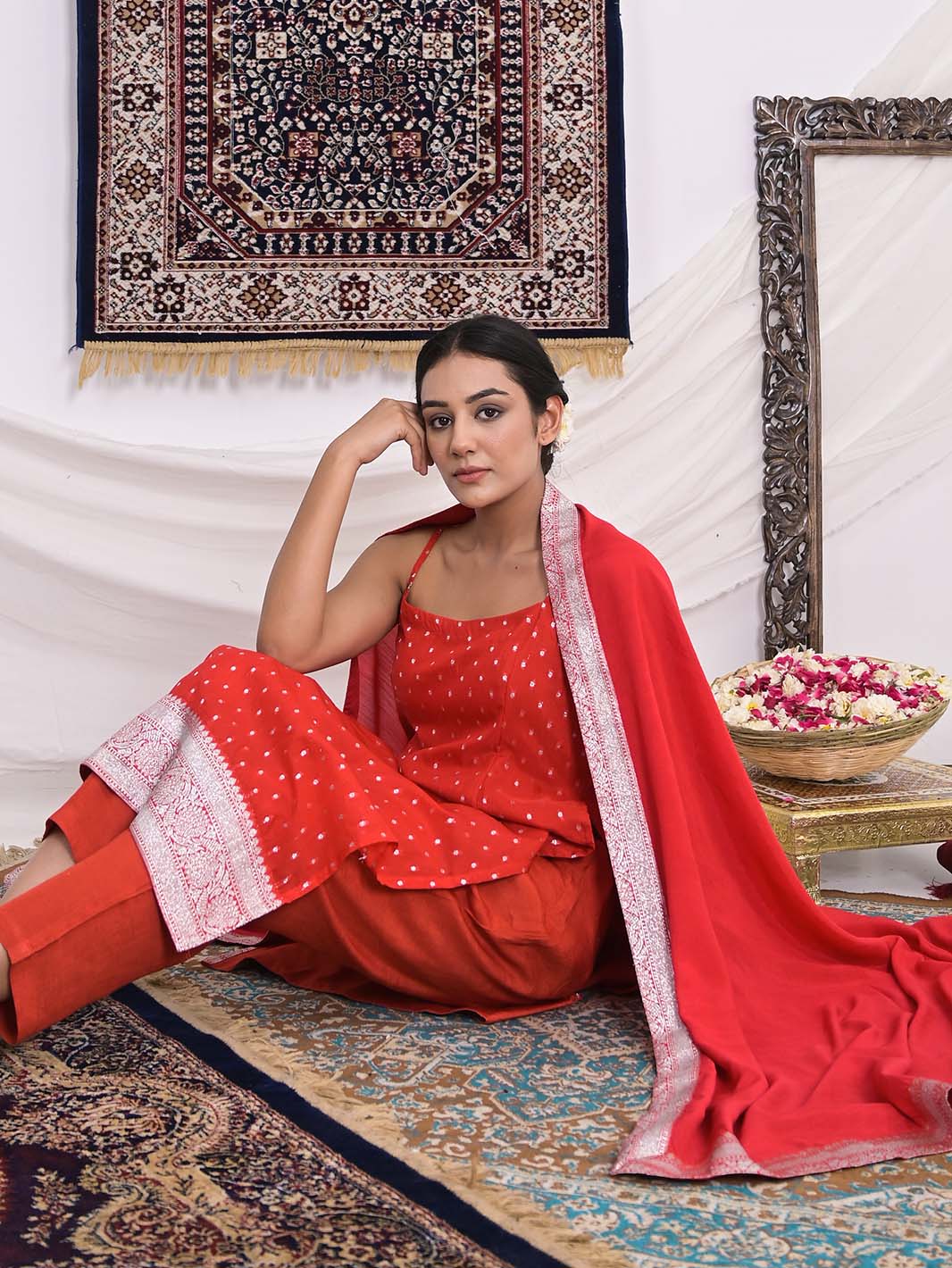Red Banarasi Silk Straight Kurti and Pant with Chanderi Dupatta - Mahukaa