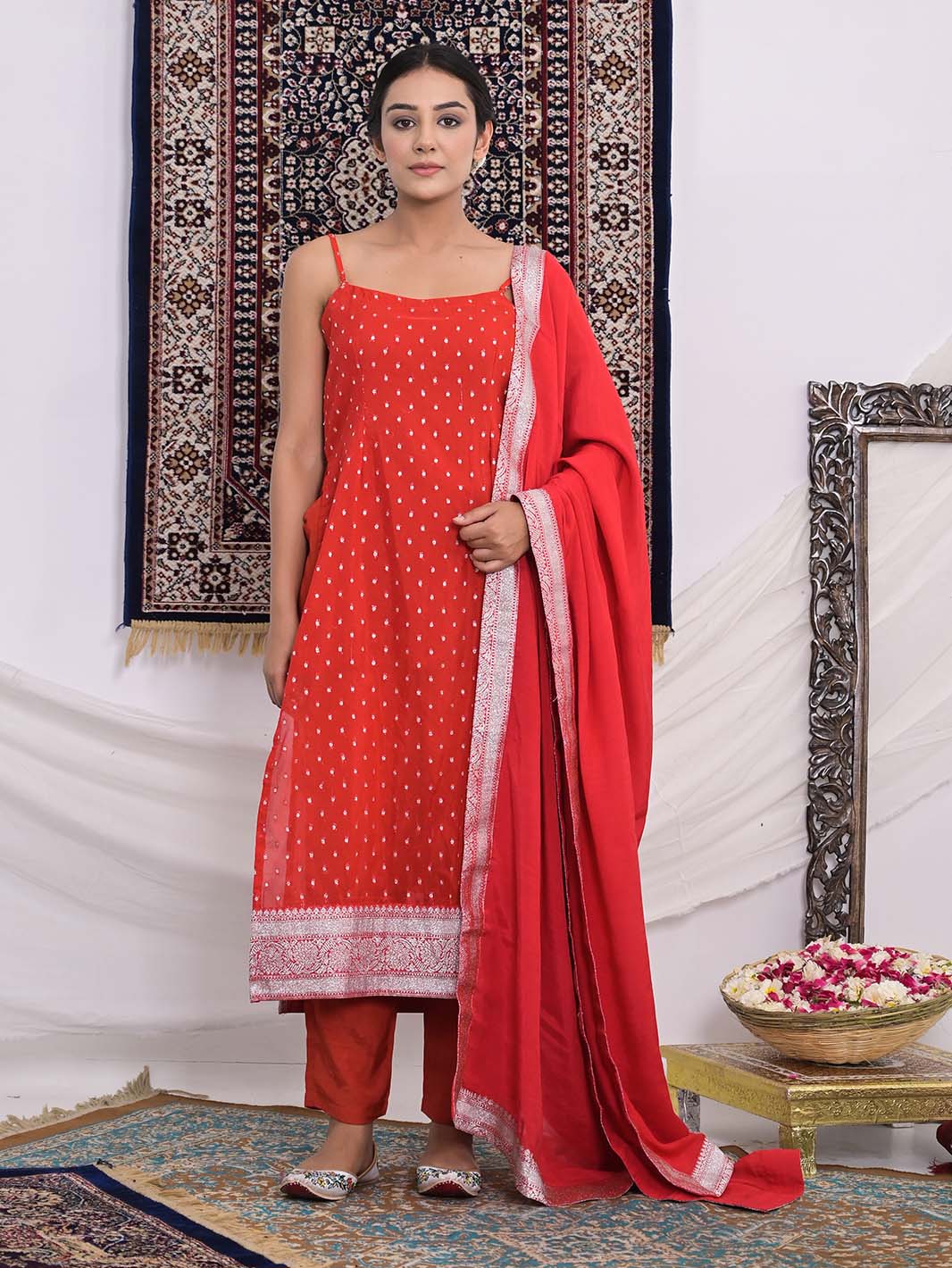 Red Banarasi Silk Straight Kurti and Pant with Chanderi Dupatta - Mahukaa