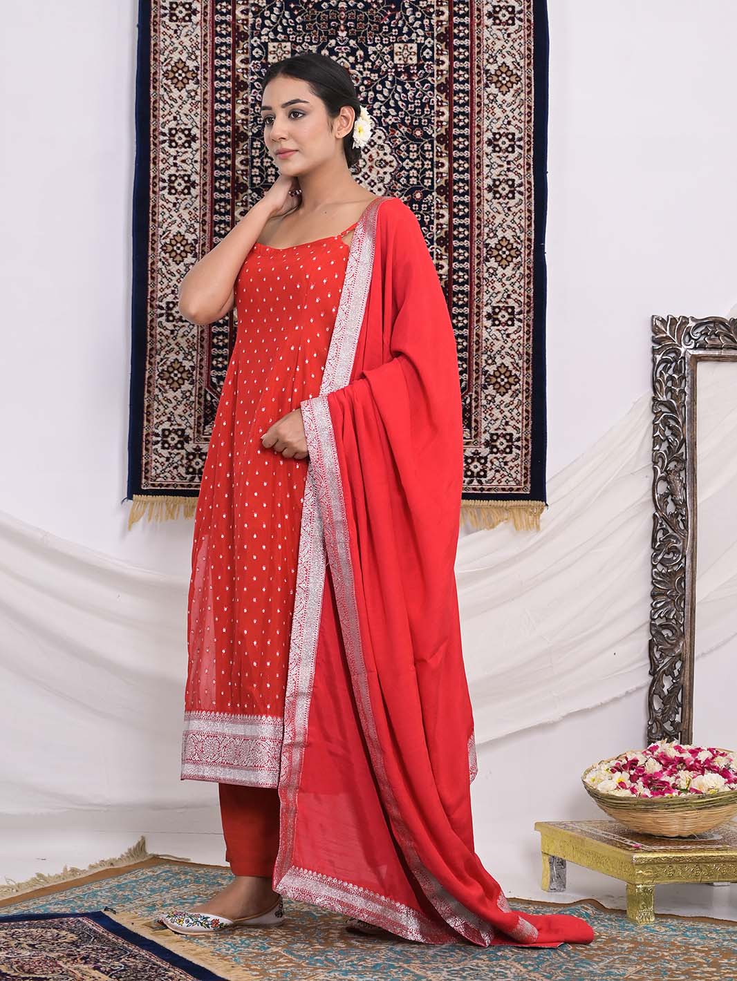 Red Banarasi Silk Straight Kurti and Pant with Chanderi Dupatta - Mahukaa