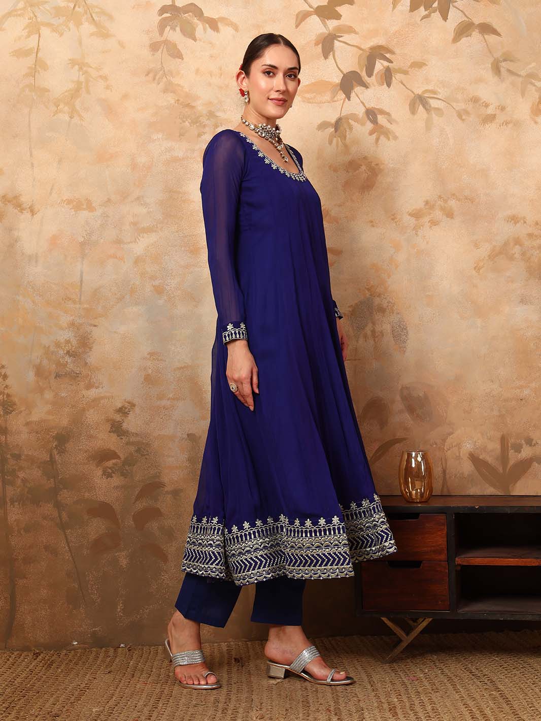 Royal Blue Anarkali Kurta Set In Pani Gold Dori With Zari Embroidery And Embroidered Chiffon Dupatta - Mahukaa