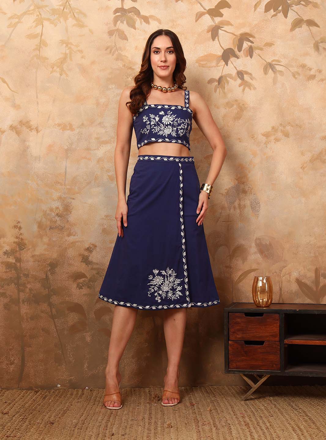 Royal Blue Embroidered Spaghetti Strap Crop Top with Wrap - Around Midi Skirt - Mahukaa