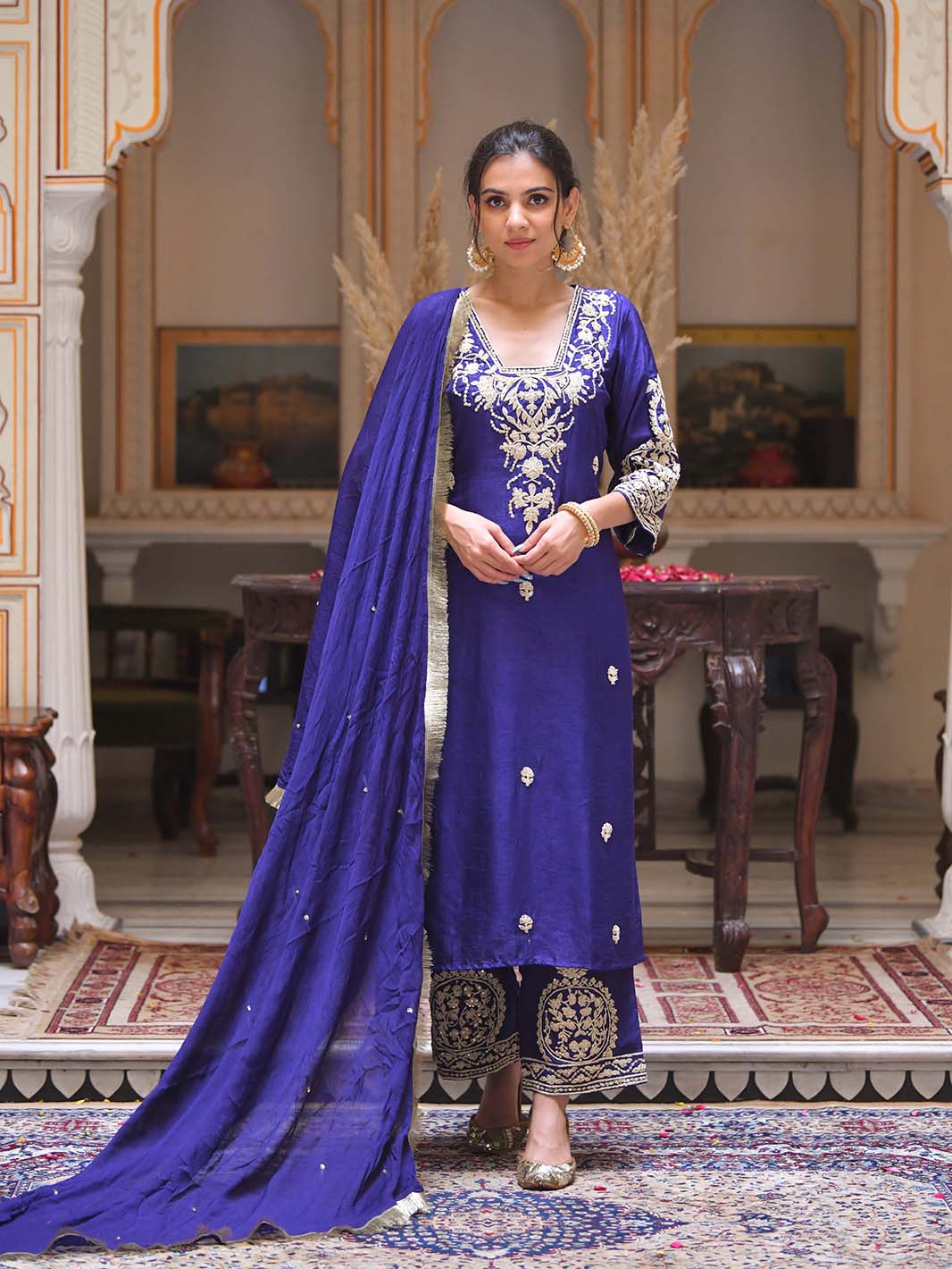 Royal Blue Square V - Neck Dori Embroidery Handwork Dola Silk Kurta Set - Mahukaa
