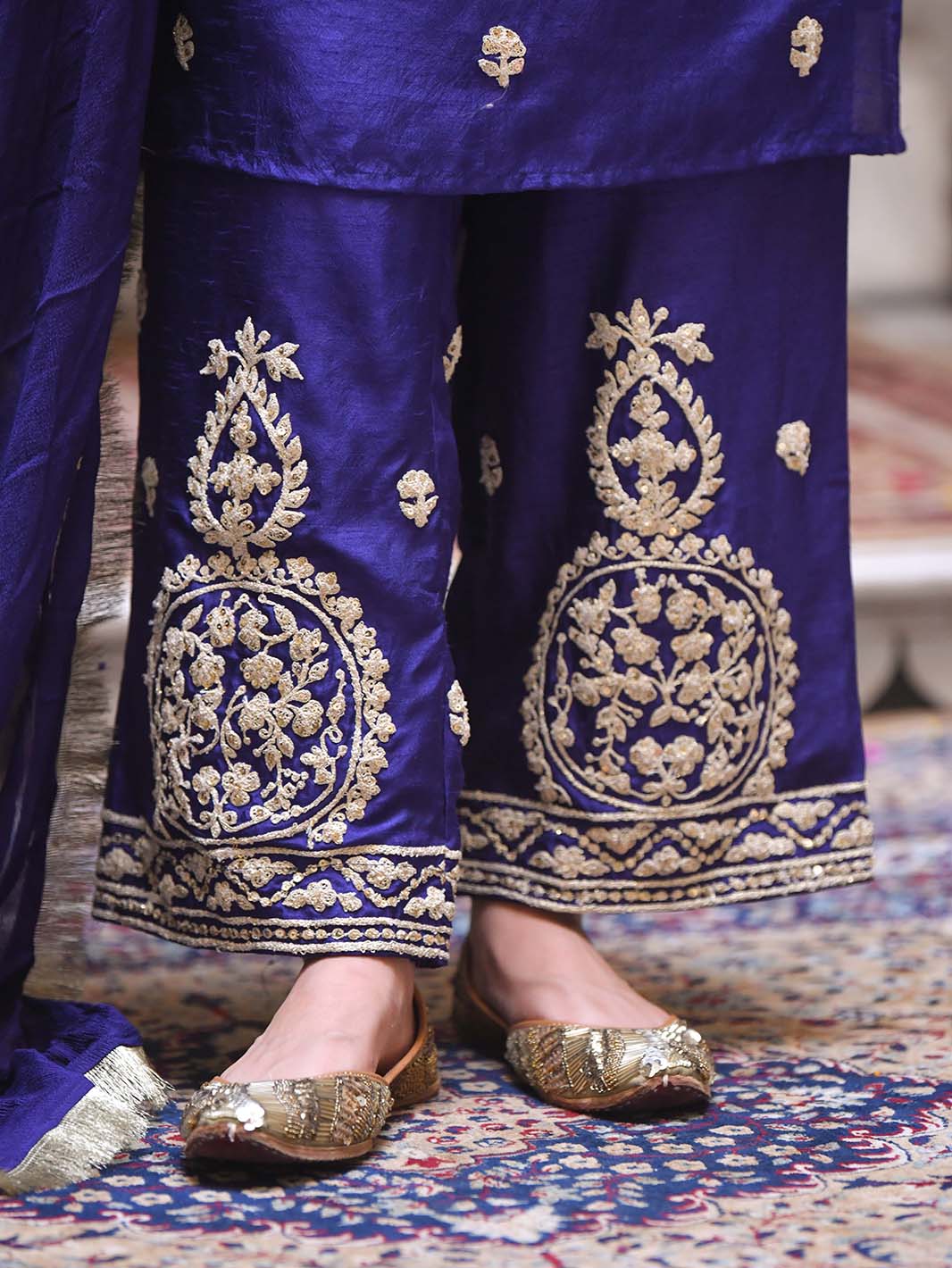 Royal Blue Square V - Neck Dori Embroidery Handwork Dola Silk Kurta Set - Mahukaa