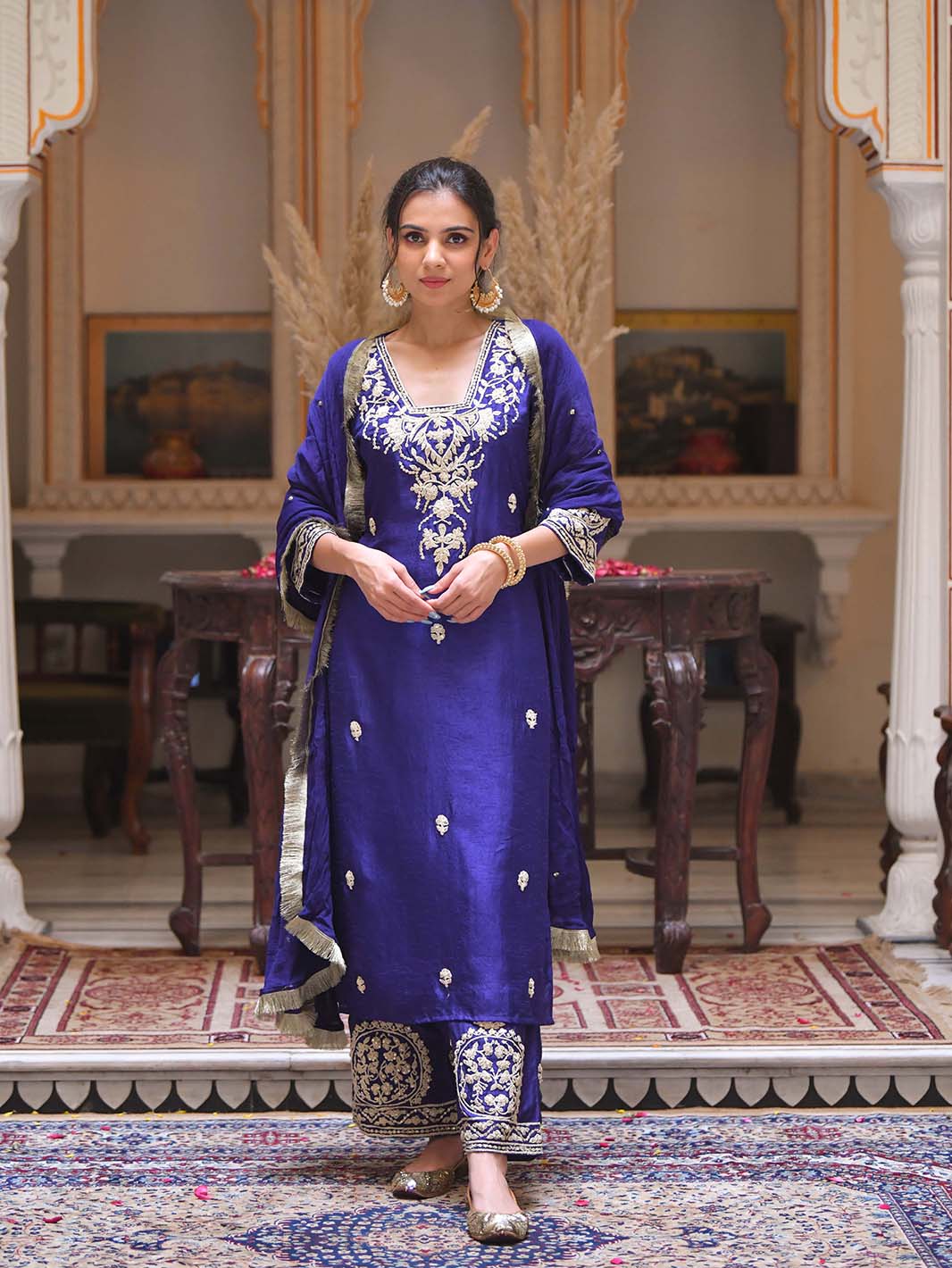 Royal Blue Square V - Neck Dori Embroidery Handwork Dola Silk Kurta Set - Mahukaa