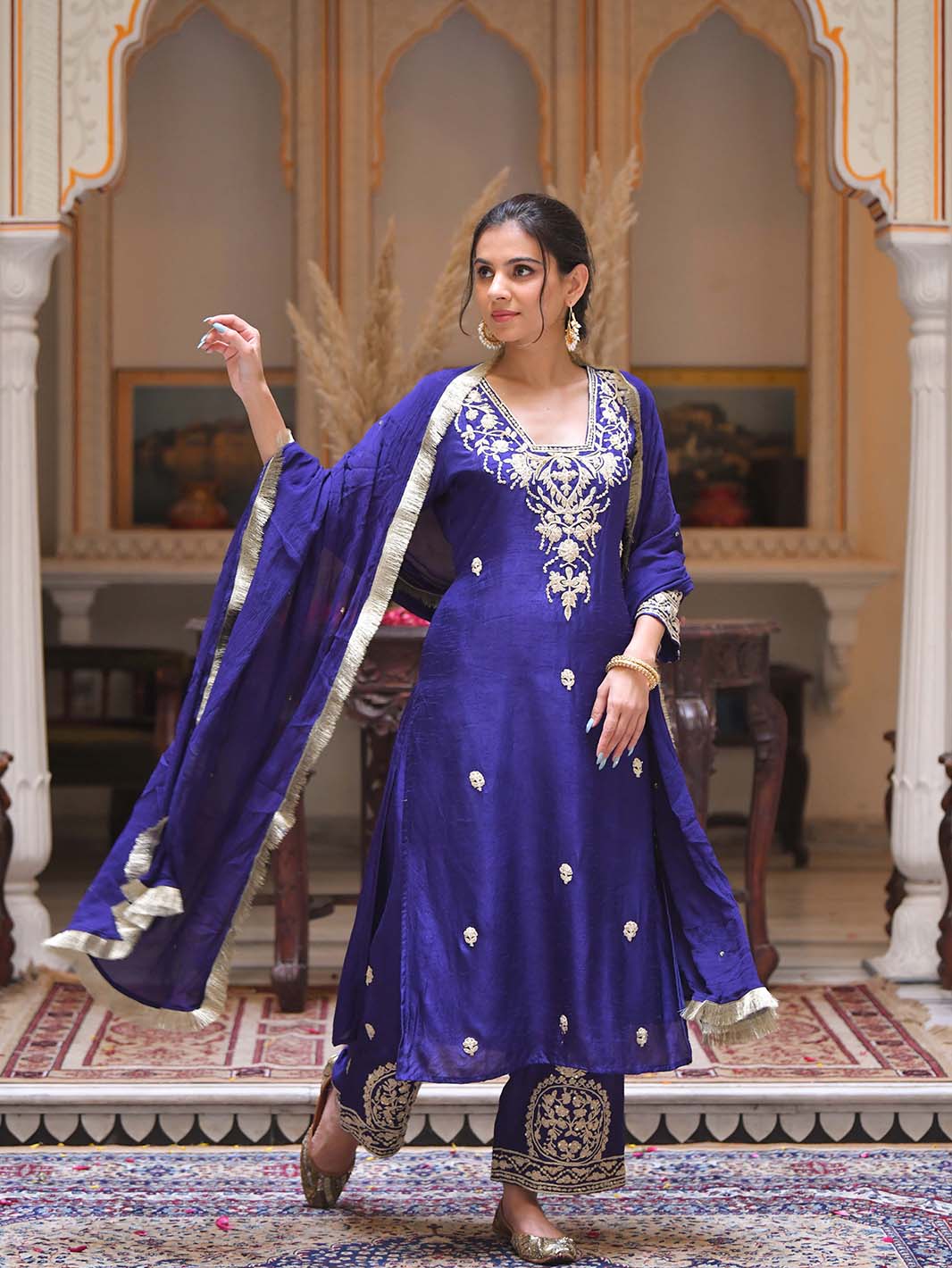 Royal Blue Square V - Neck Dori Embroidery Handwork Dola Silk Kurta Set - Mahukaa