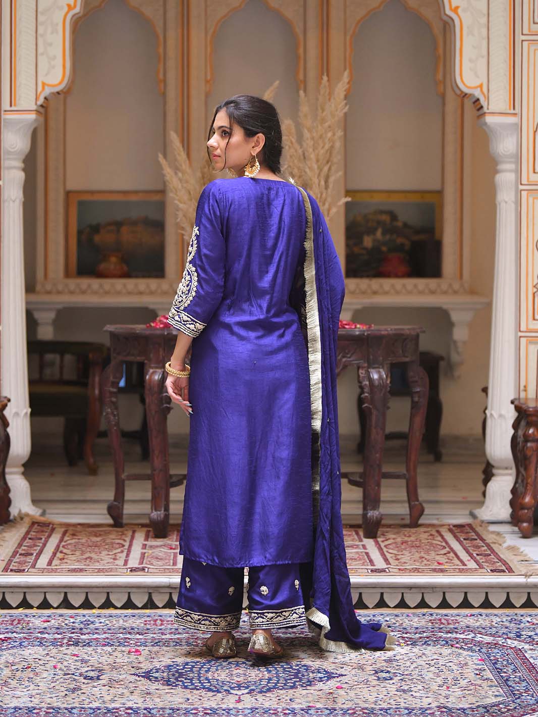 Royal Blue Square V - Neck Dori Embroidery Handwork Dola Silk Kurta Set - Mahukaa