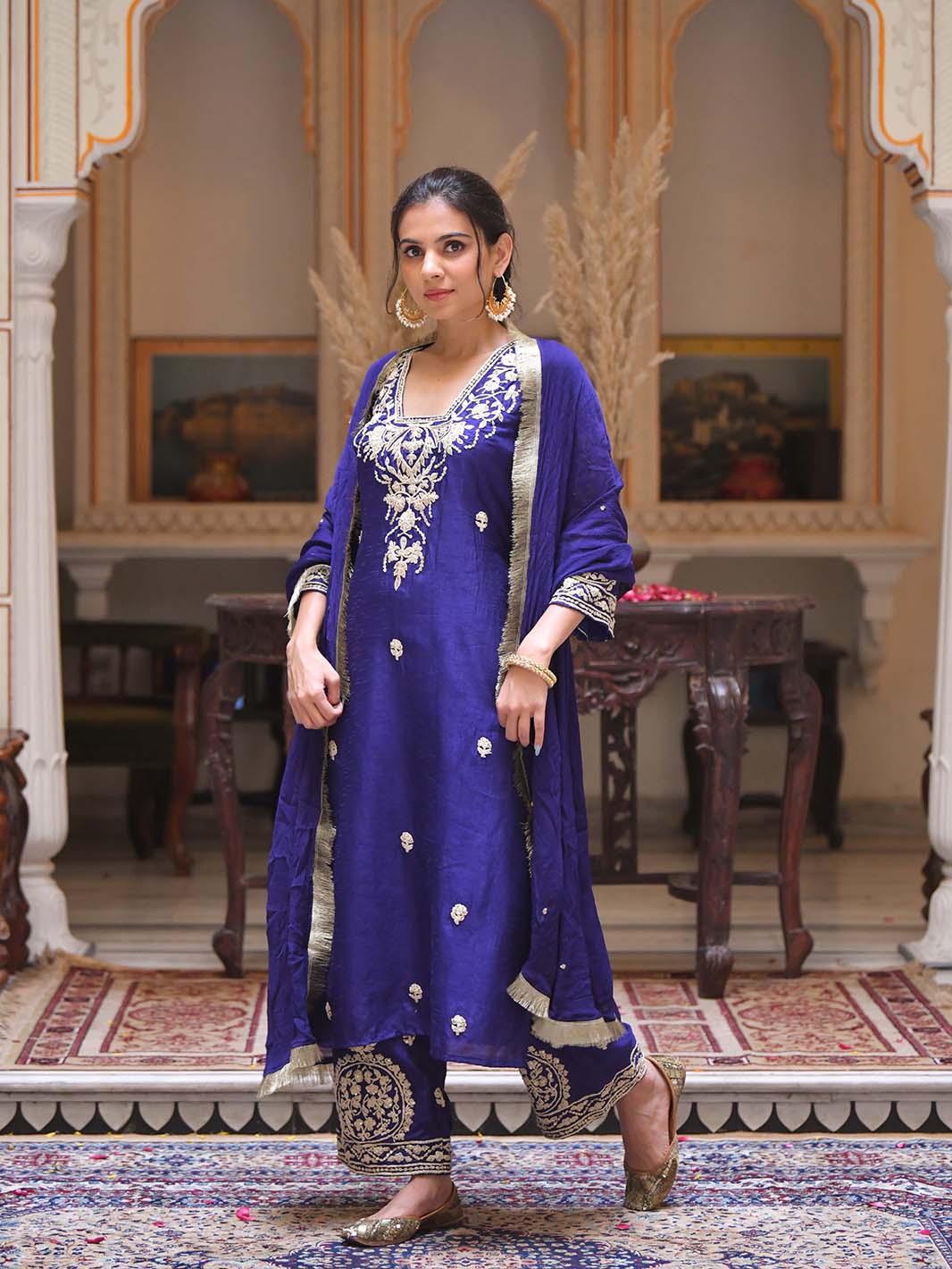 Royal Blue Square V - Neck Dori Embroidery Handwork Dola Silk Kurta Set - Mahukaa