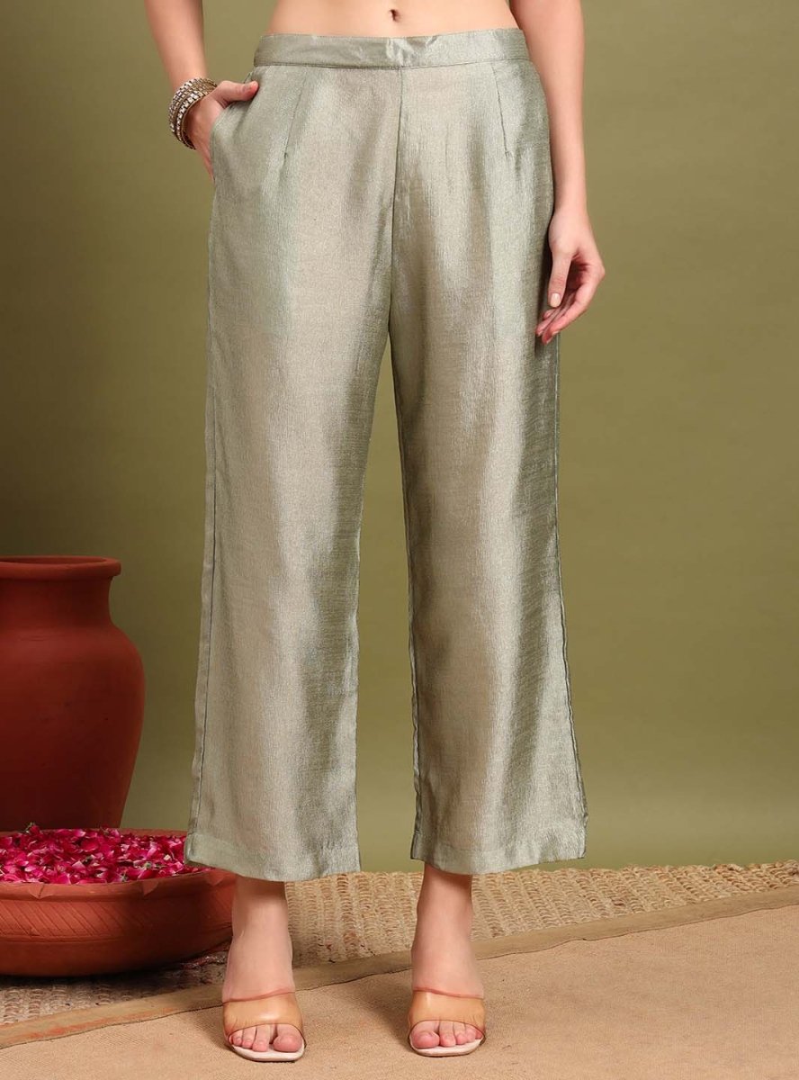 Sage Green V - neckline Straight Kurta Set with Sequin Yoke Embroidery & Net Dupatta - Mahukaa