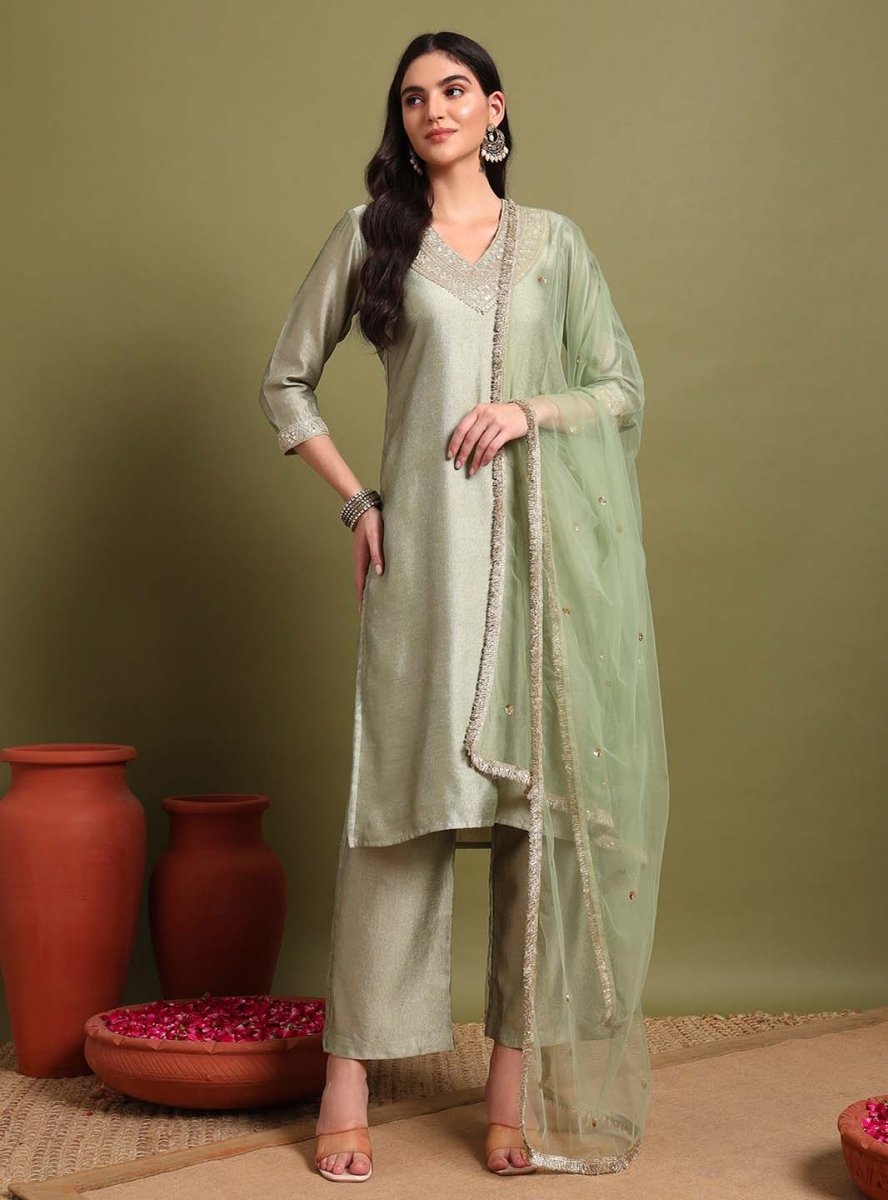 Sage Green V - neckline Straight Kurta Set with Sequin Yoke Embroidery & Net Dupatta - Mahukaa