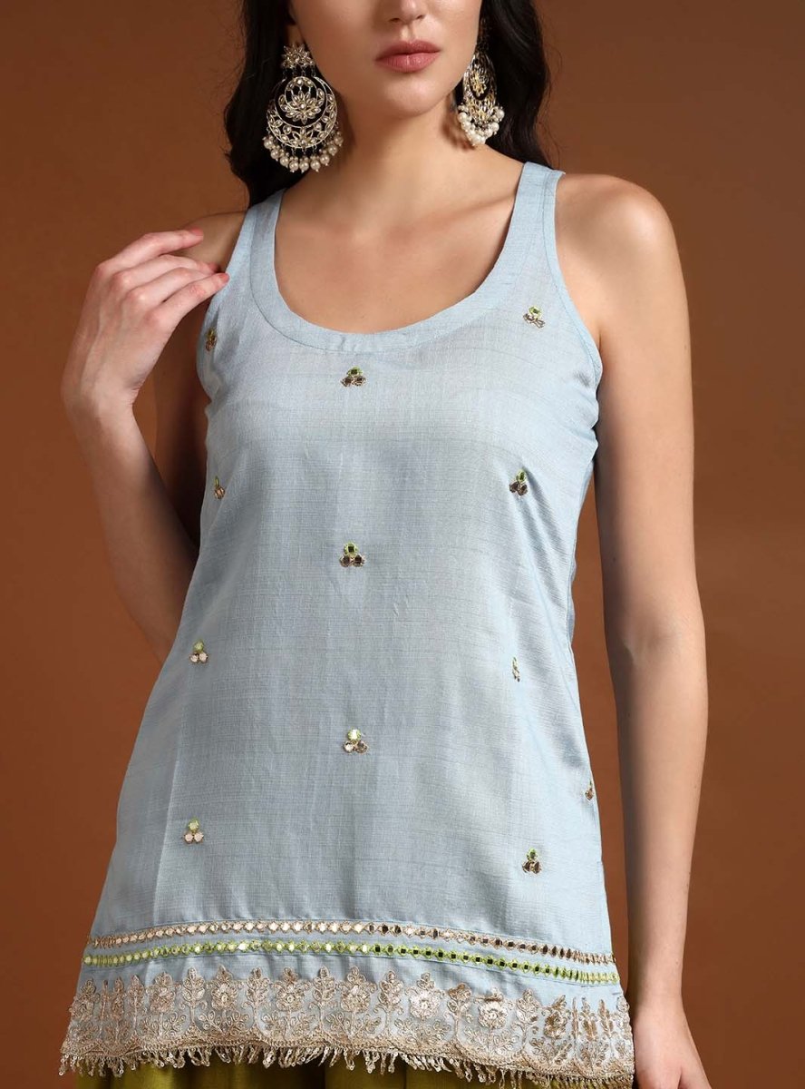 Sky Blue Round Neck Straight Sleeveless Kurta & Sharara Set with Lace Embroidery & Dupatta - Mahukaa