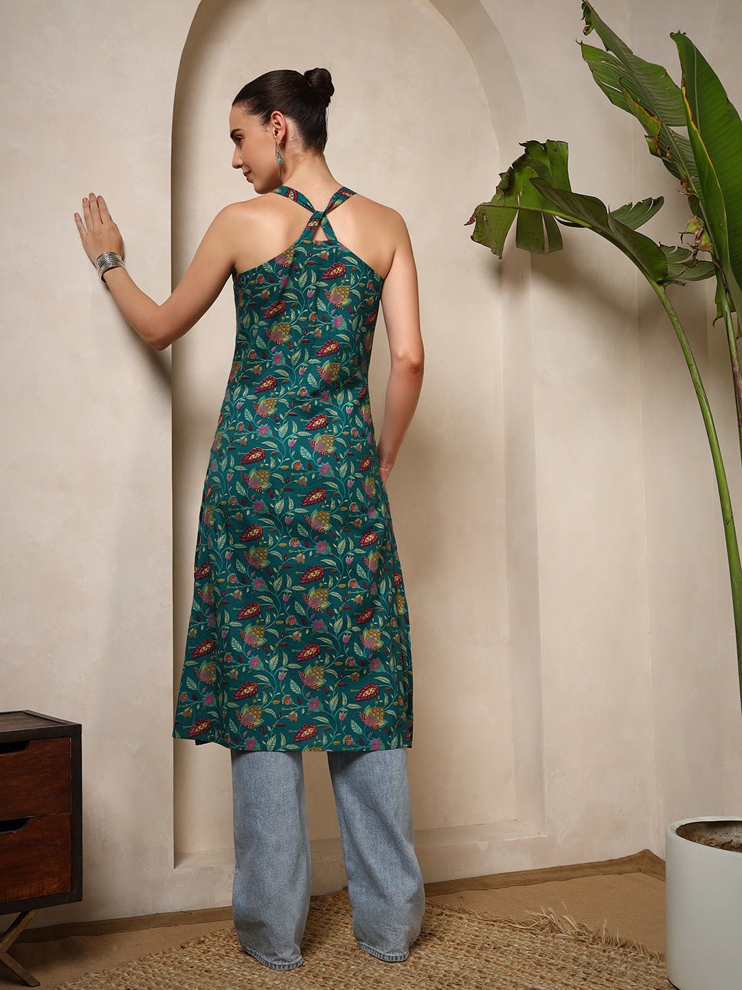 Teal Floral V - Neck Halter Neck Straight Kurta with Screen Print - Mahukaa