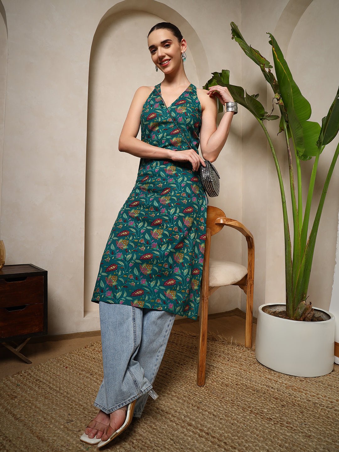 Teal Floral V - Neck Halter Neck Straight Kurta with Screen Print - Mahukaa