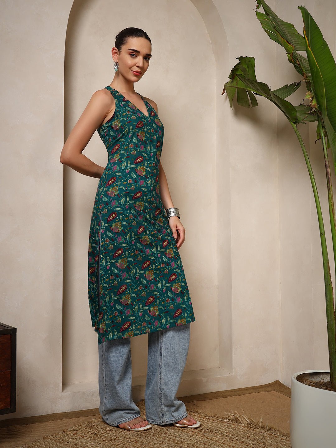 Teal Floral V - Neck Halter Neck Straight Kurta with Screen Print - Mahukaa