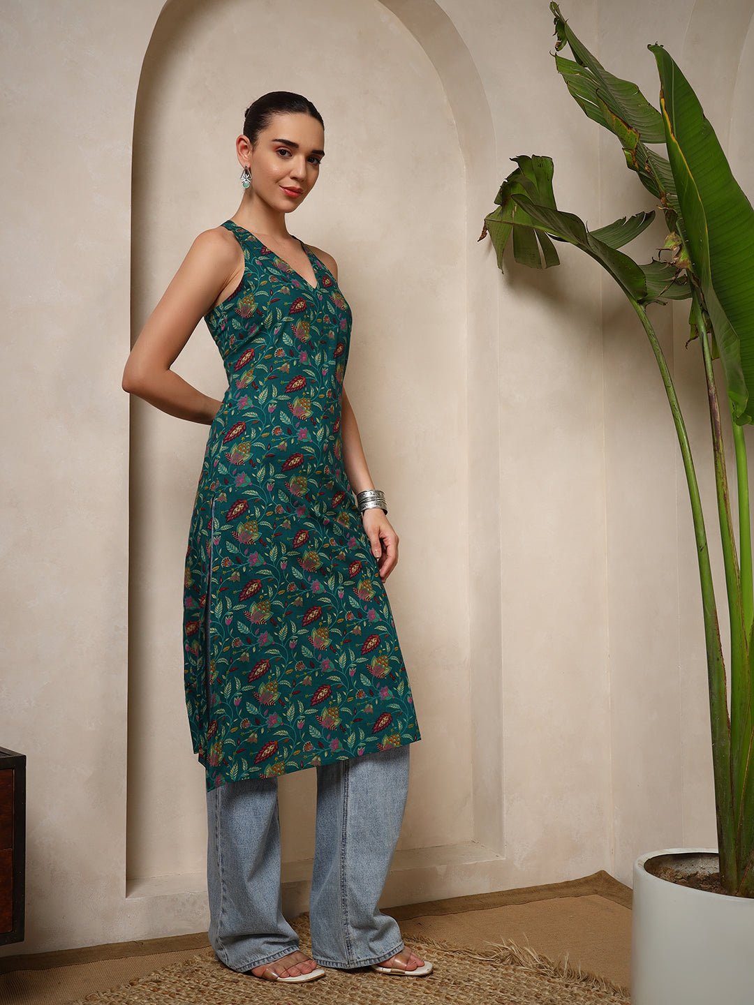 Teal Floral V - Neck Halter Neck Straight Kurta with Screen Print - Mahukaa