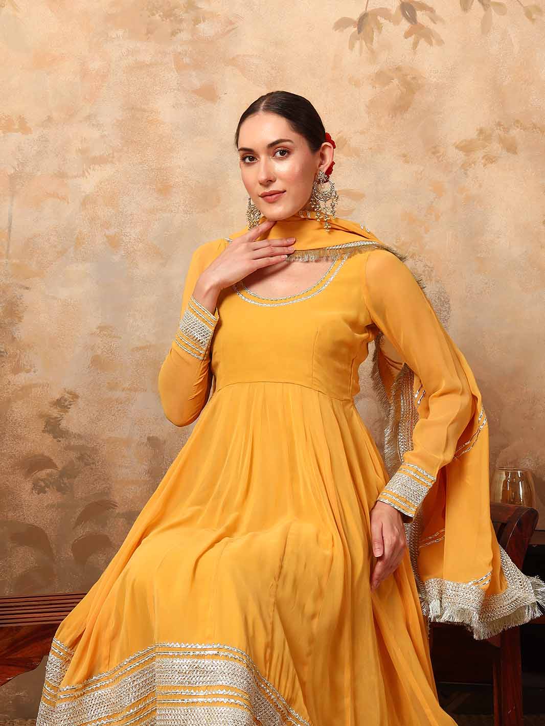 Vibrant Yellow Georgette Anarkali Set with Gota Lace and Dupatta - Mahukaa