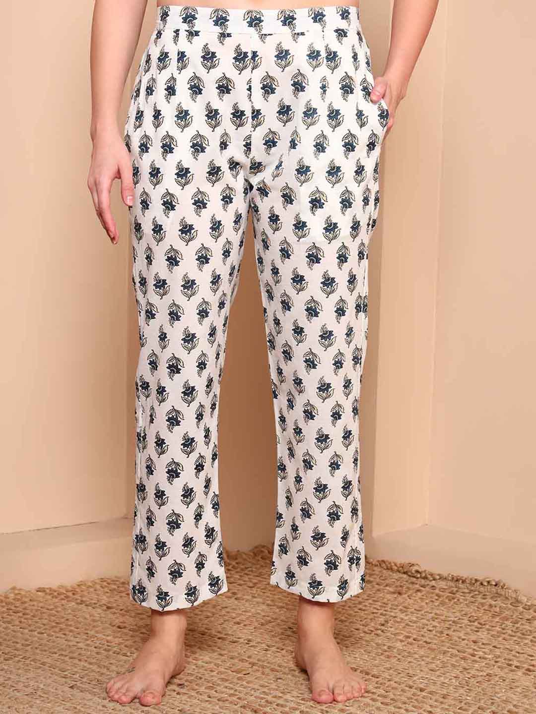 White Floral Print Pure Cotton Night Suit - Mahukaa