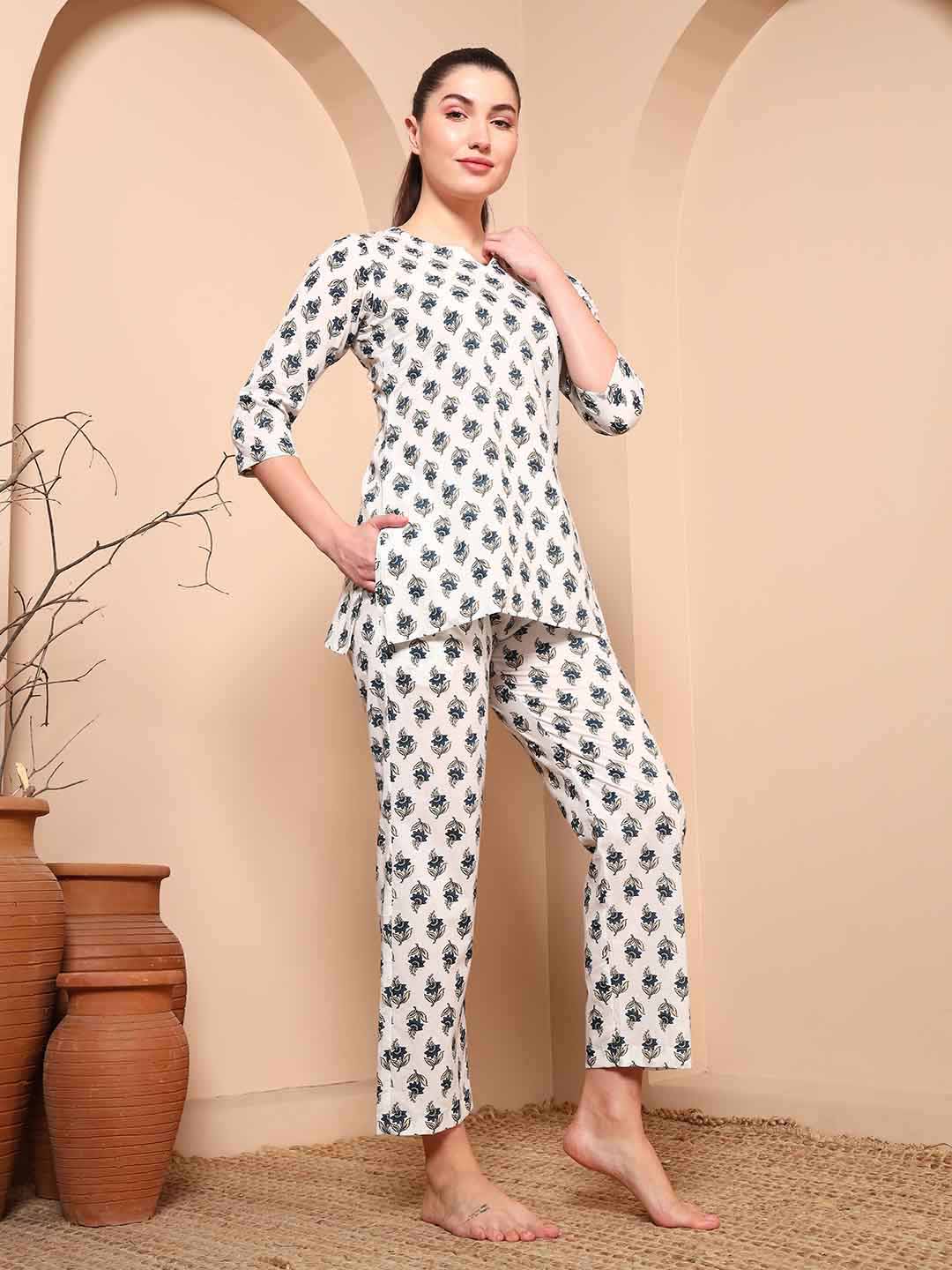 White Floral Print Pure Cotton Night Suit - Mahukaa