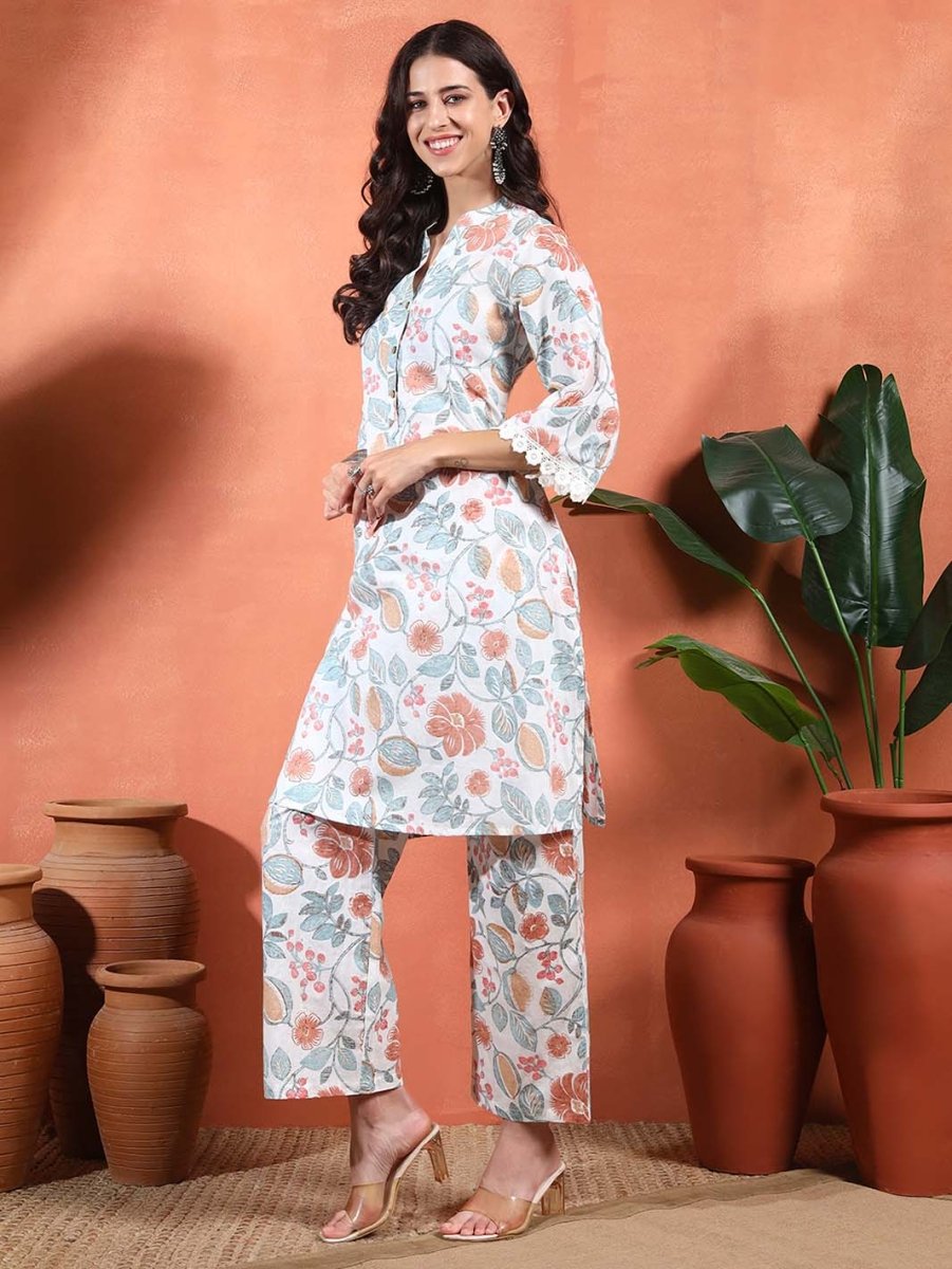 White Floral Printed A - Line Kurta Set with Mandarin Collar - Mahukaa