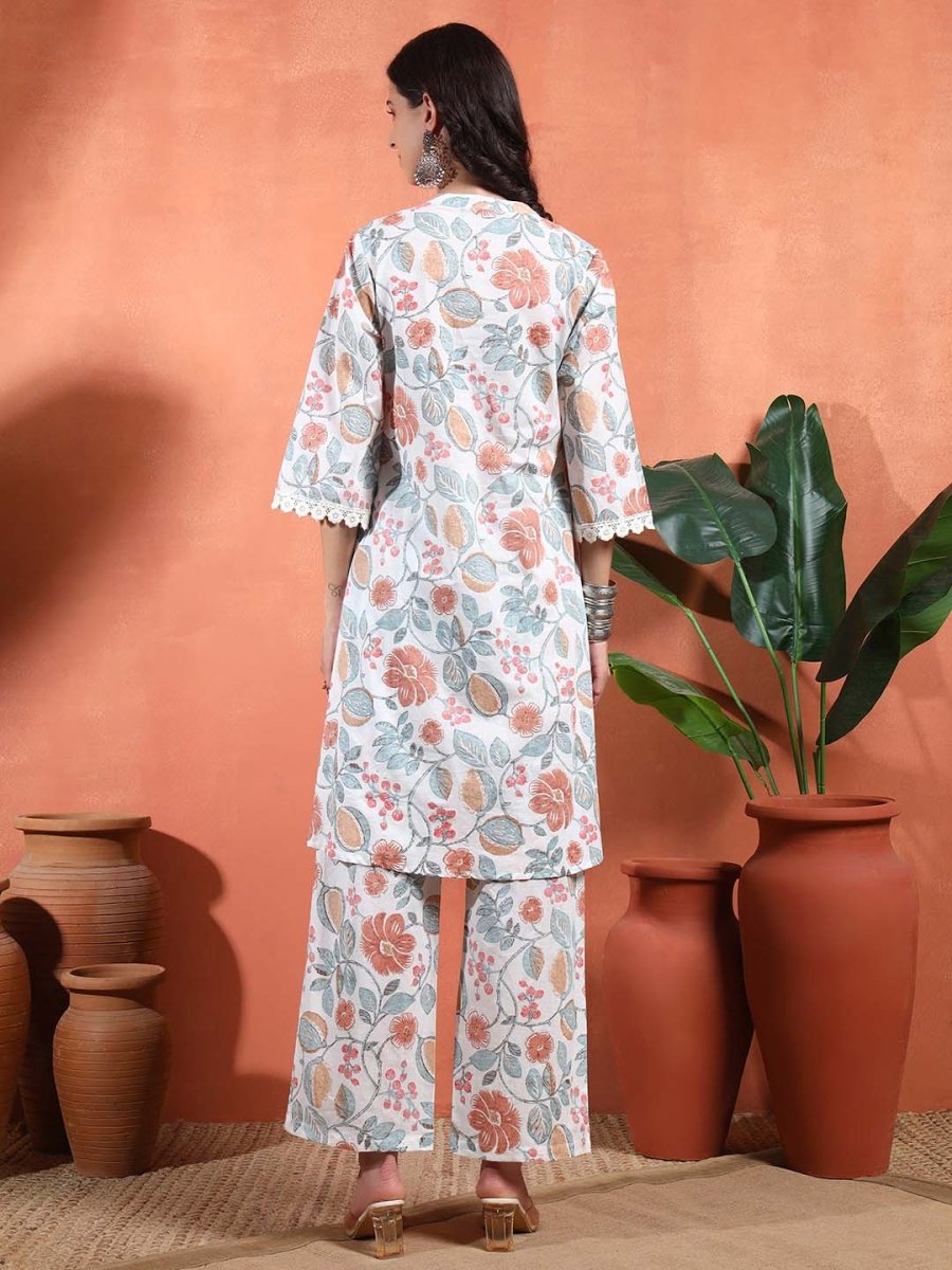 White Floral Printed A - Line Kurta Set with Mandarin Collar - Mahukaa