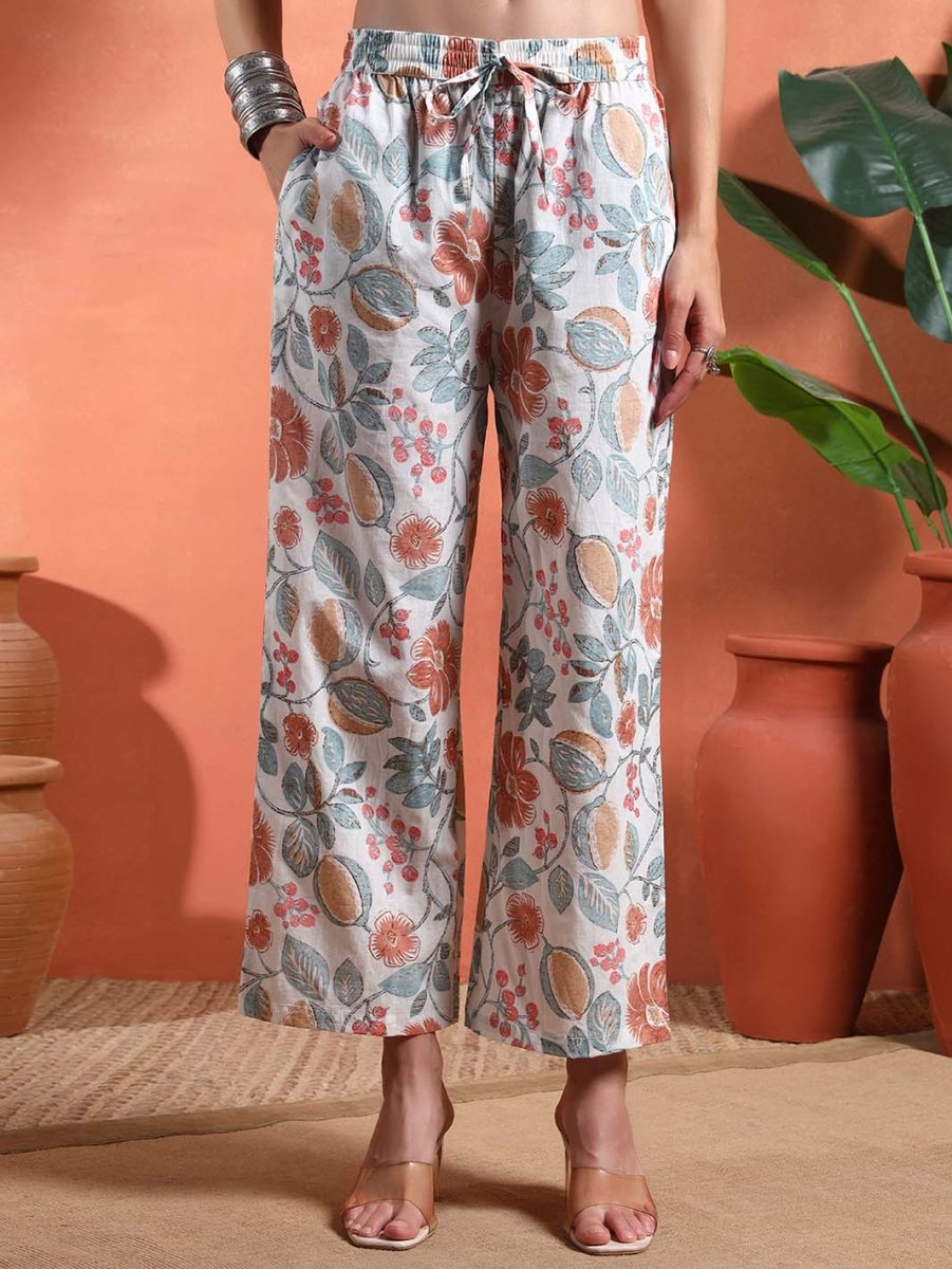 White Floral Printed A - Line Kurta Set with Mandarin Collar - Mahukaa