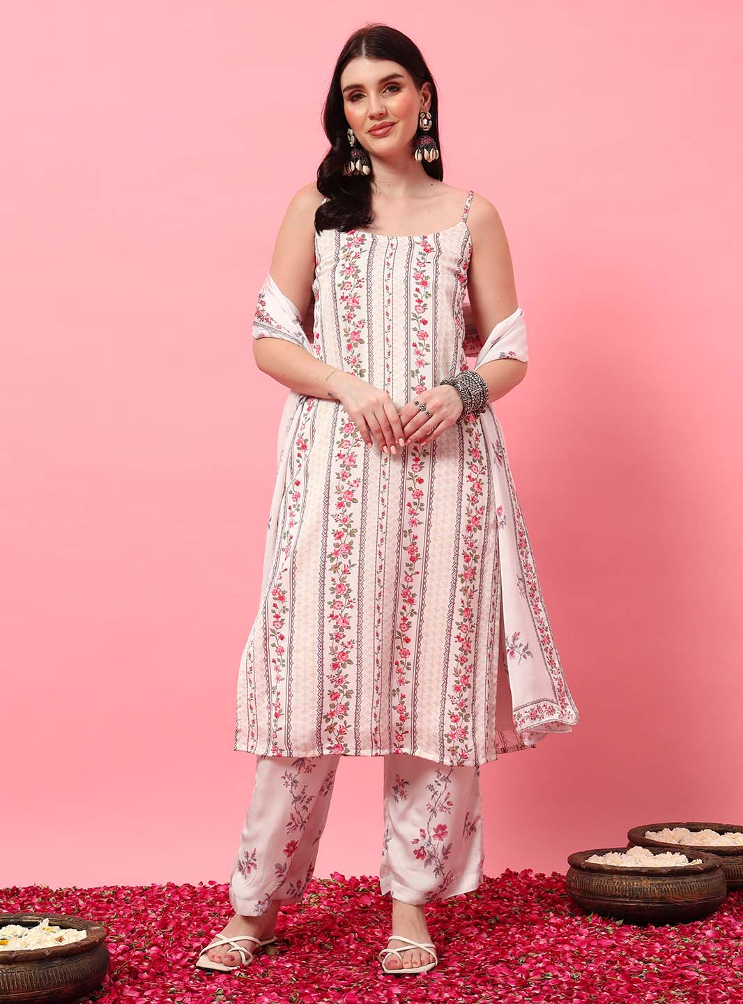 White Floral Spaghetti Strap Straight Kurta Set with Digital Print - Mahukaa